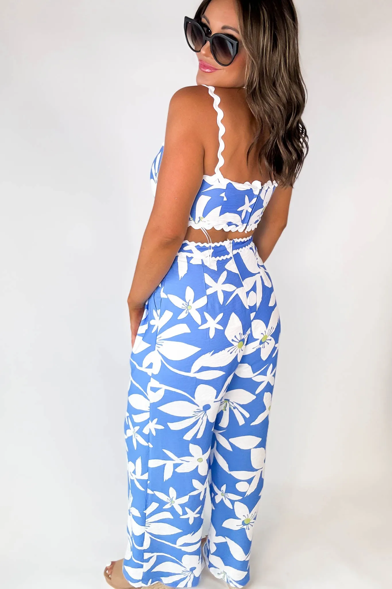 Blue Floral Rickrack Trimmed Pants