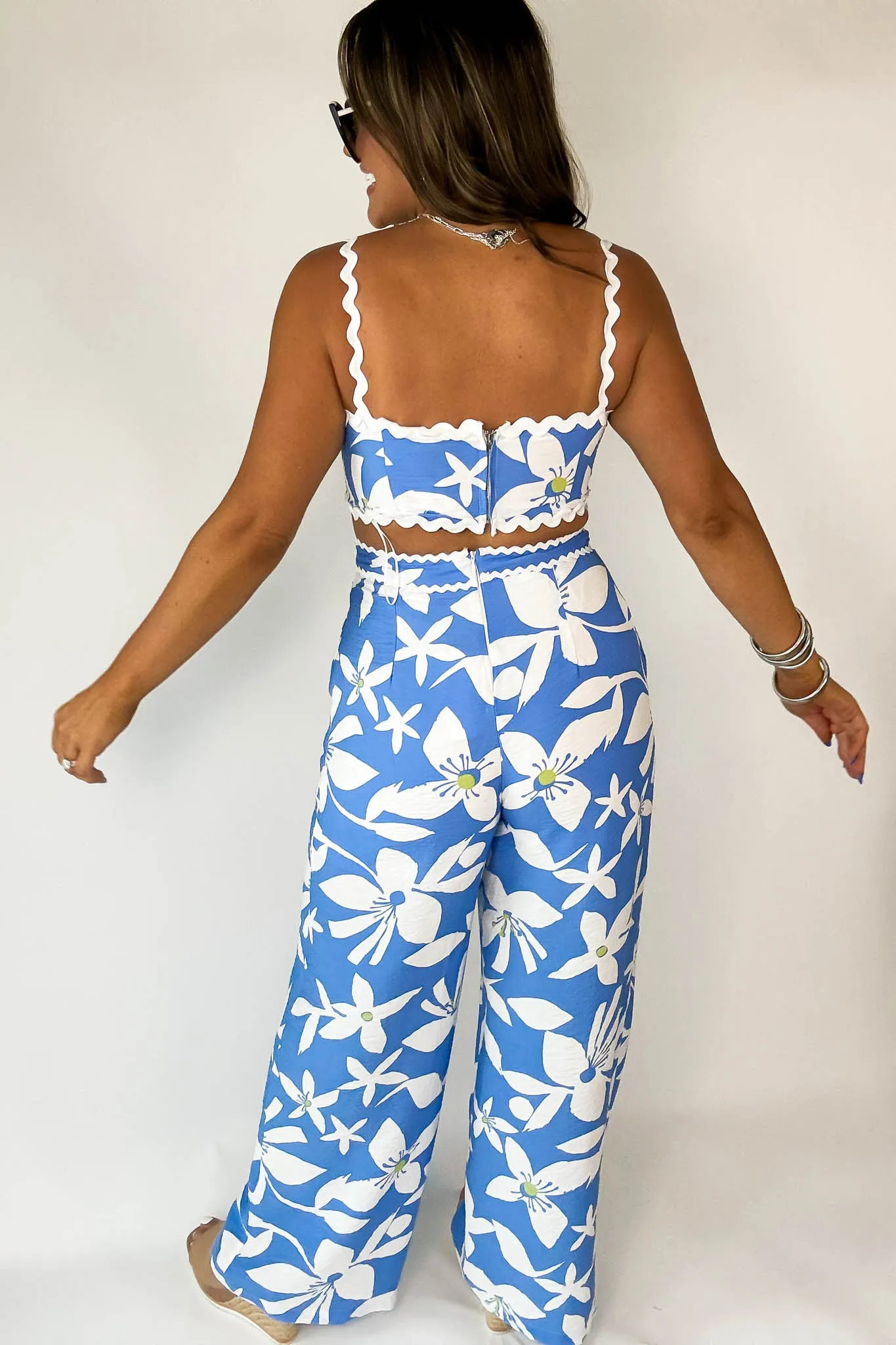 Blue Floral Rickrack Trimmed Pants