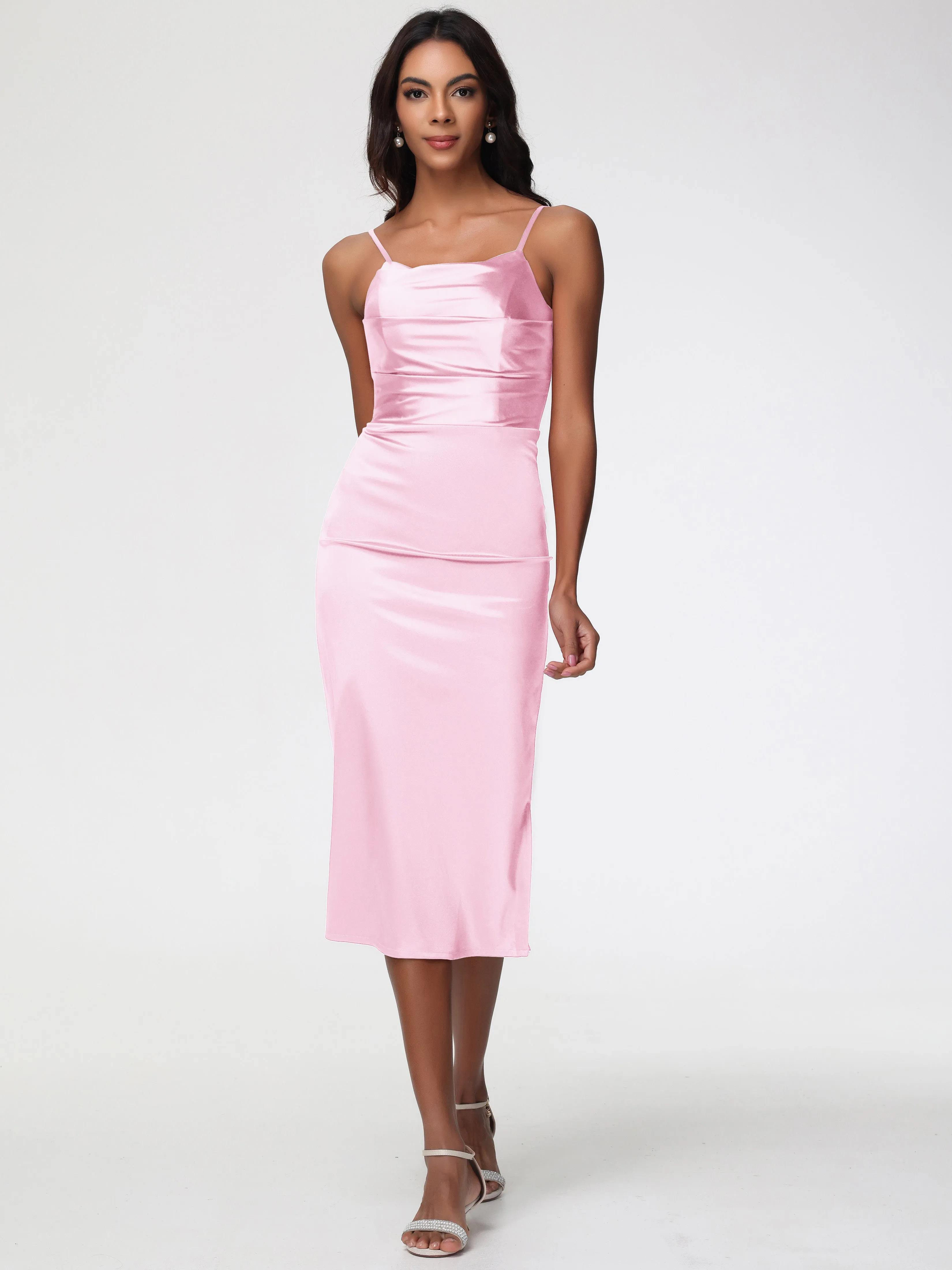 Blush Pink Bridesmaid Dresses Tea-Length Spaghetti Straps Square Neckline Sleeveless Stretch Satin Bridesmaid Dresses