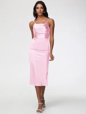 Blush Pink Bridesmaid Dresses Tea-Length Spaghetti Straps Square Neckline Sleeveless Stretch Satin Bridesmaid Dresses