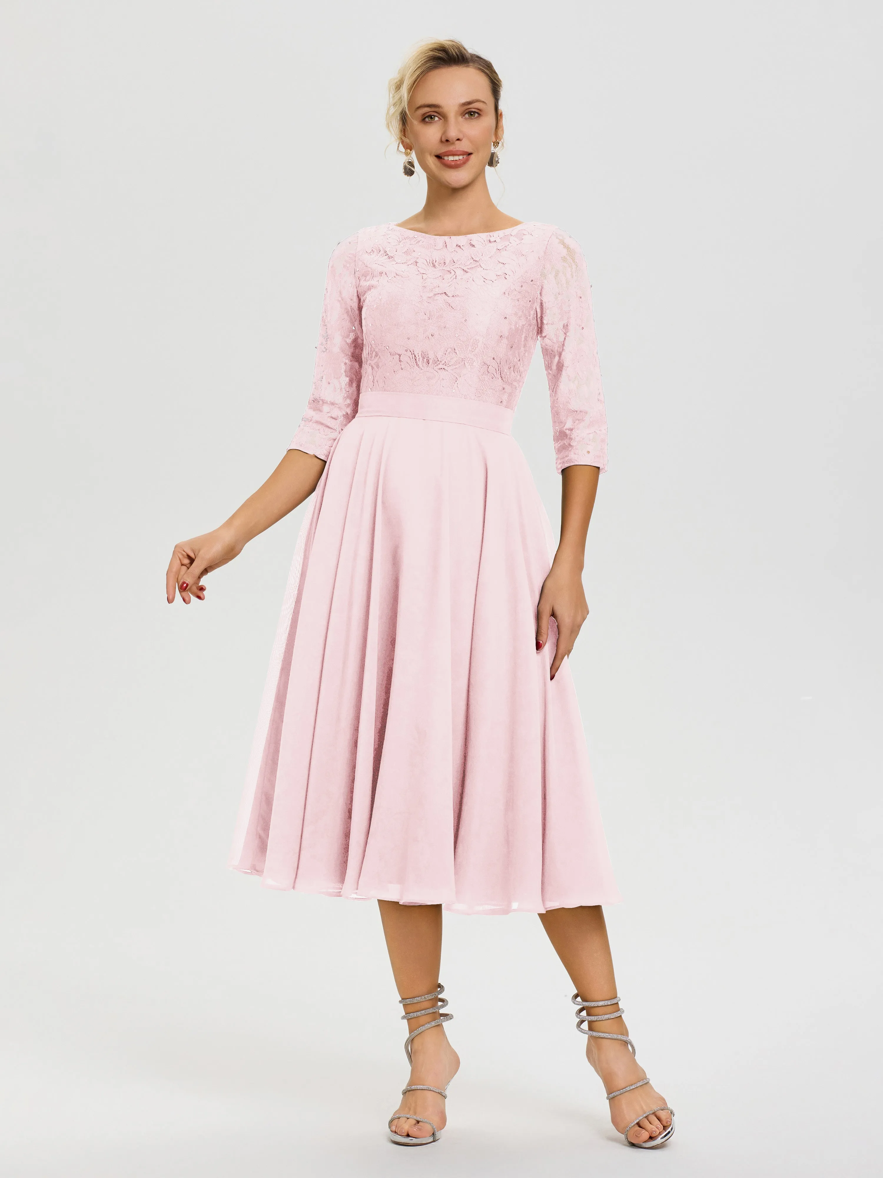 Blush Pink Mother Of The Bride Dress Plus Size A Line Lace Top Tea Length Chiffon Mother Of The Bride Dresses