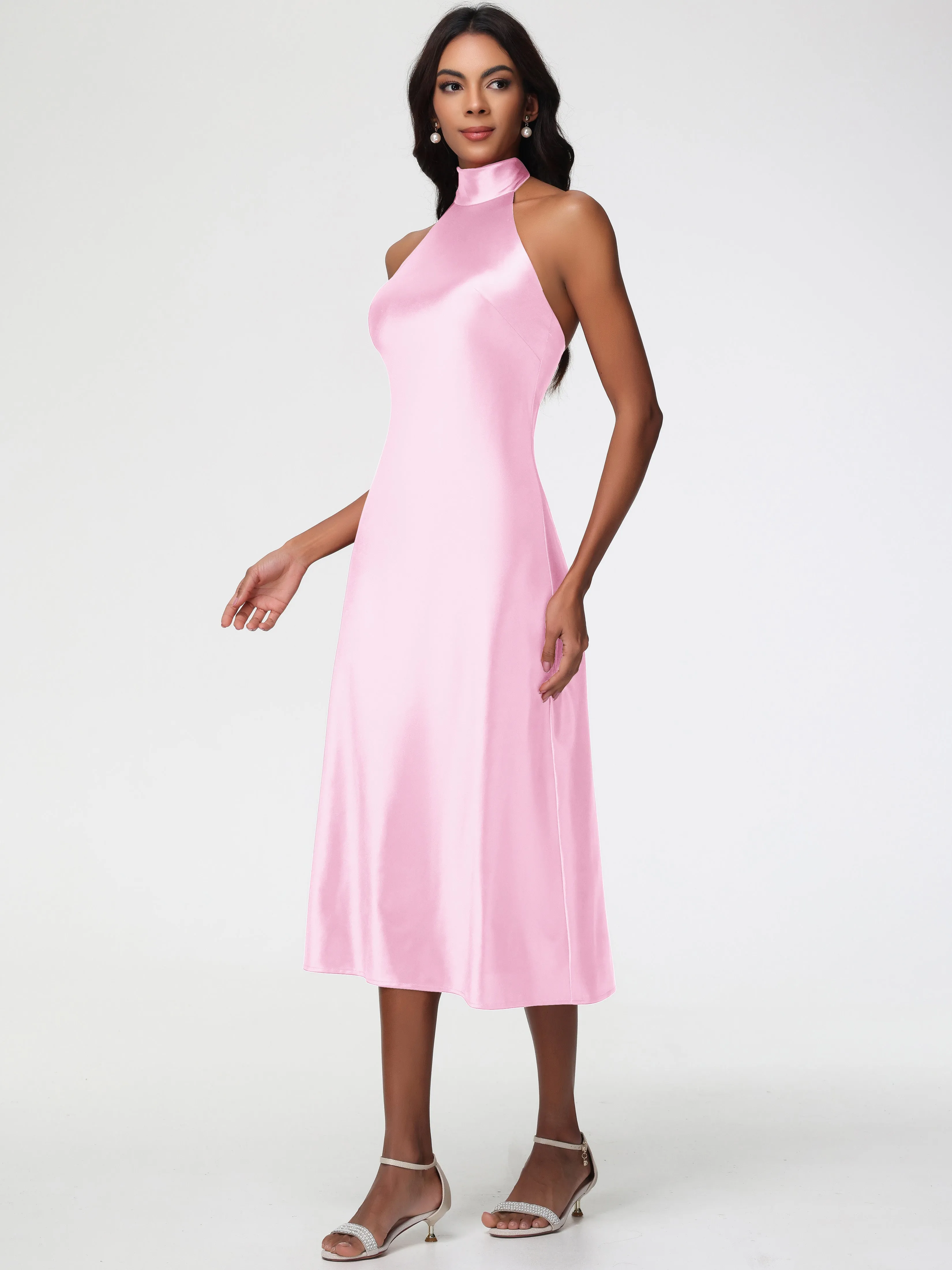 Blush Pink Prom Dress Tea-Length High Neck Sleeveless Stretch Satin Prom Dresses