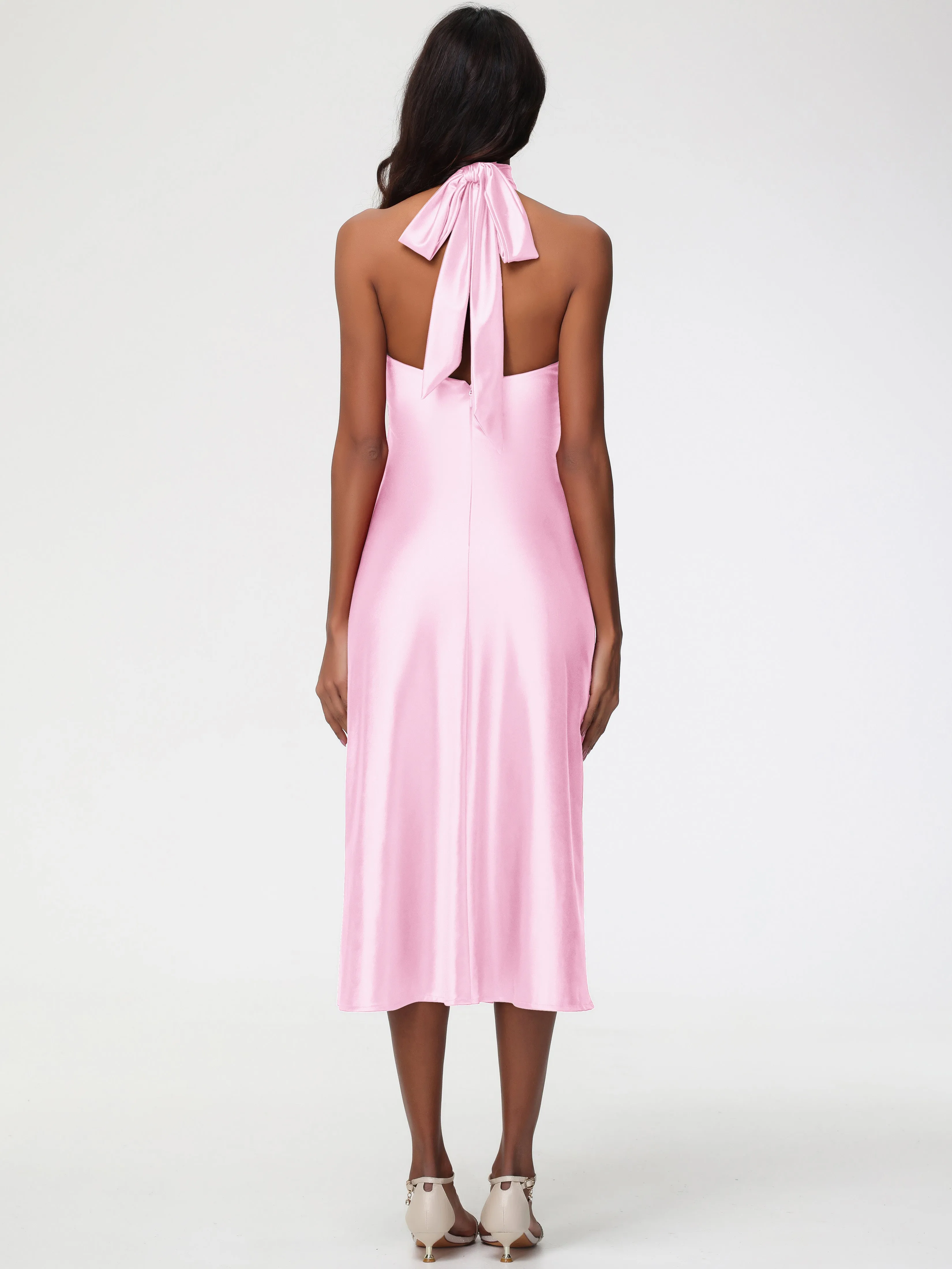 Blush Pink Prom Dress Tea-Length High Neck Sleeveless Stretch Satin Prom Dresses