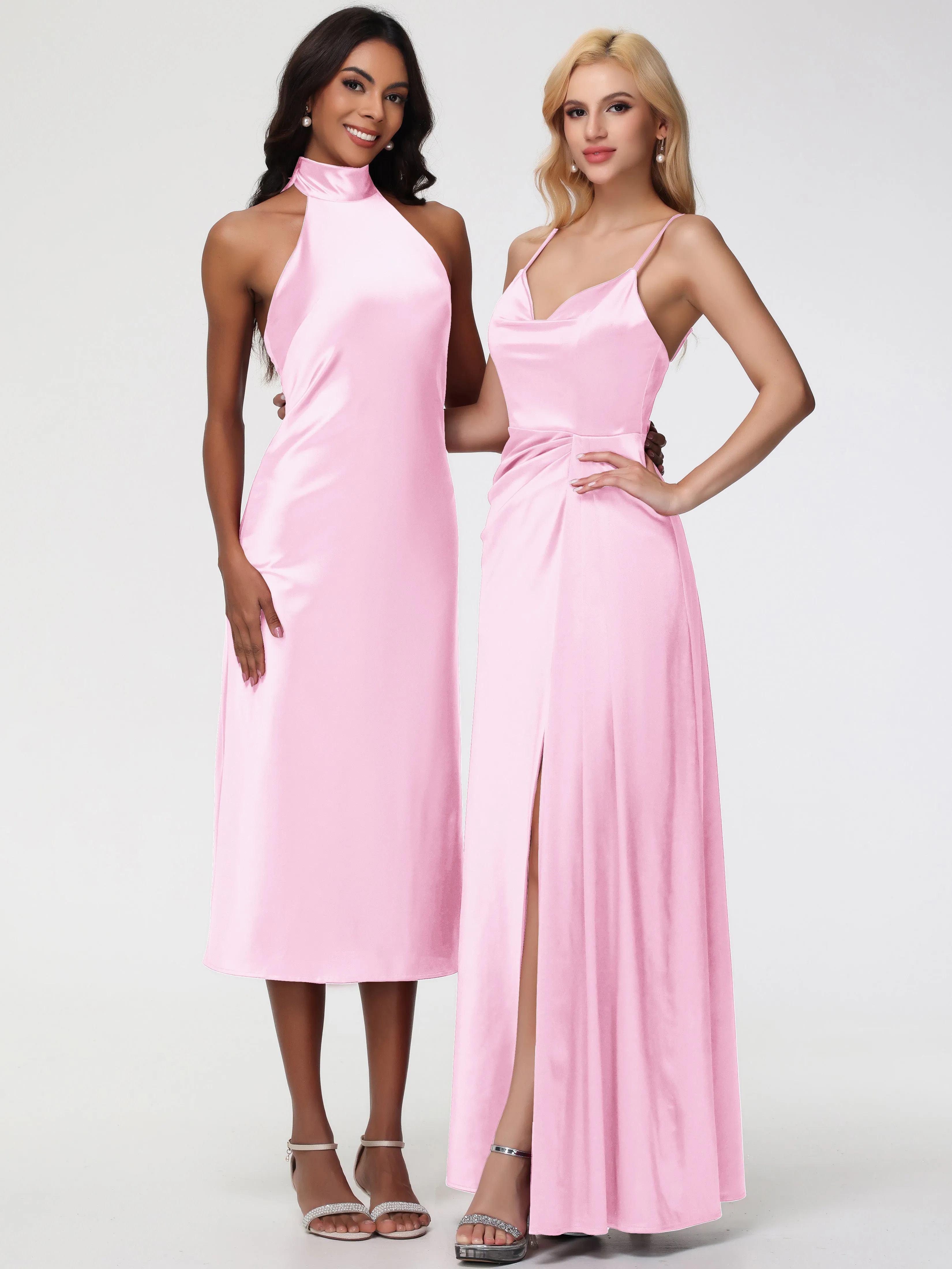 Blush Pink Prom Dress Tea-Length High Neck Sleeveless Stretch Satin Prom Dresses