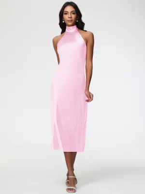 Blush Pink Prom Dress Tea-Length High Neck Sleeveless Stretch Satin Prom Dresses