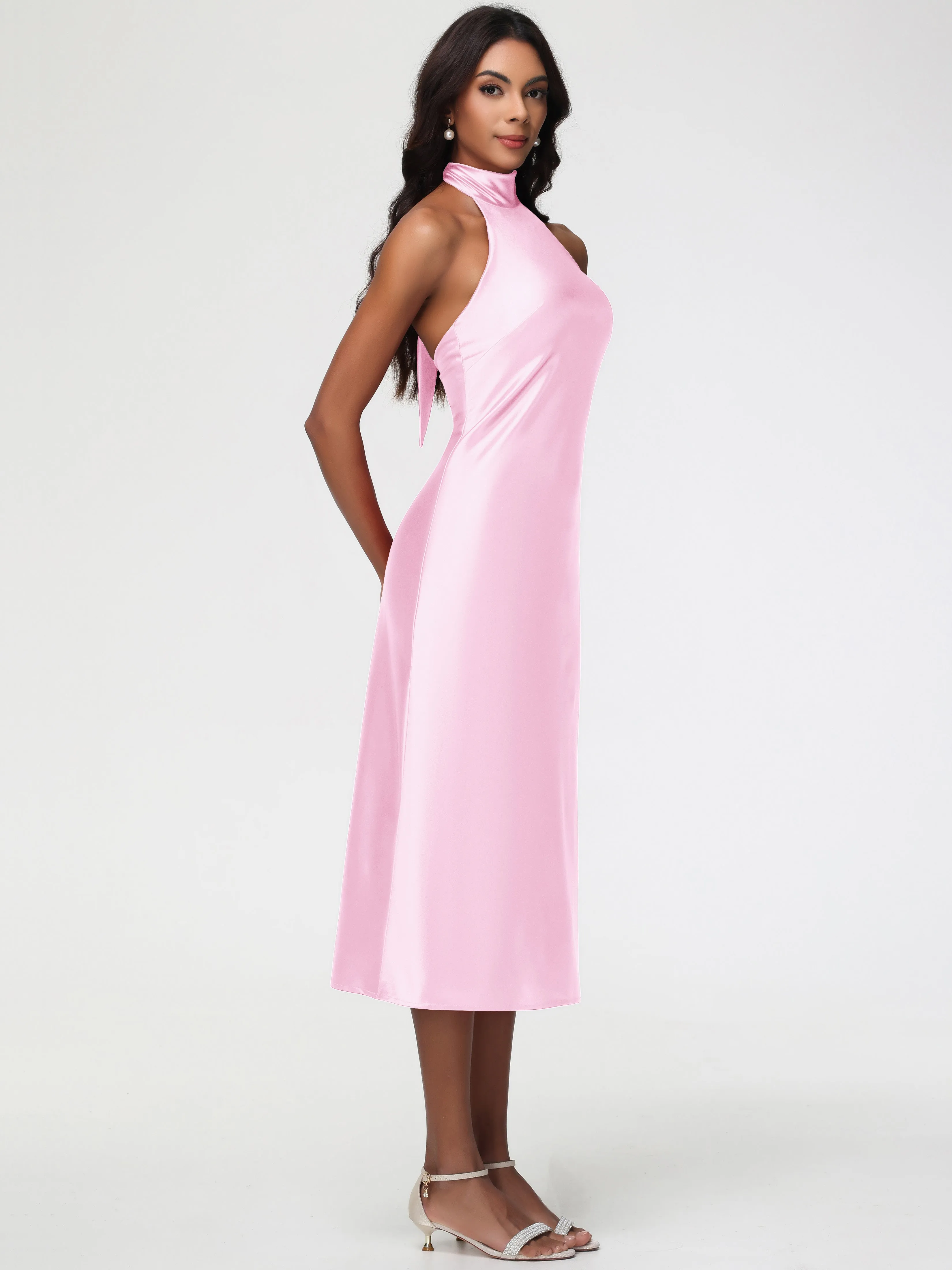 Blush Pink Prom Dress Tea-Length High Neck Sleeveless Stretch Satin Prom Dresses