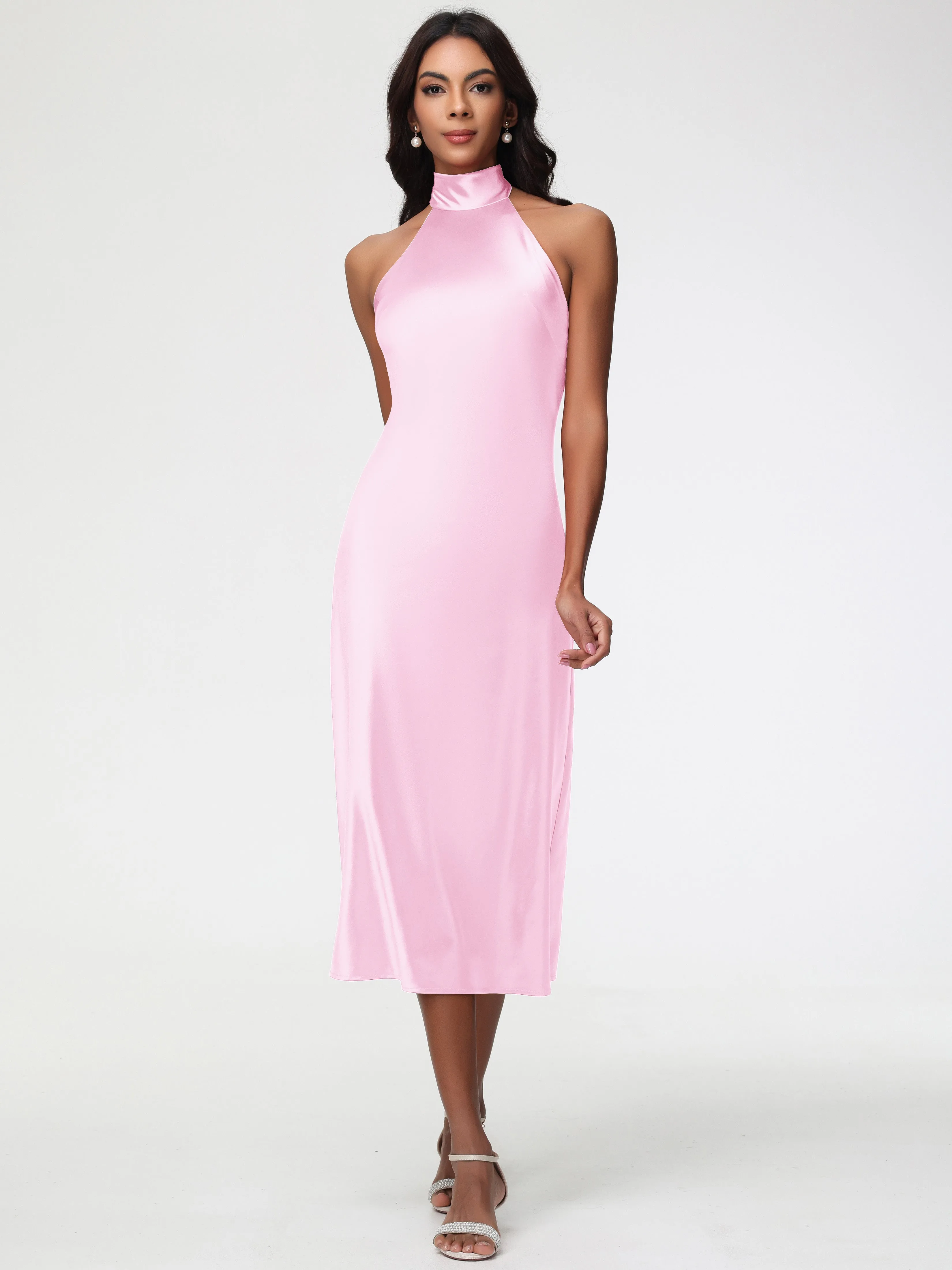 Blush Pink Prom Dress Tea-Length High Neck Sleeveless Stretch Satin Prom Dresses