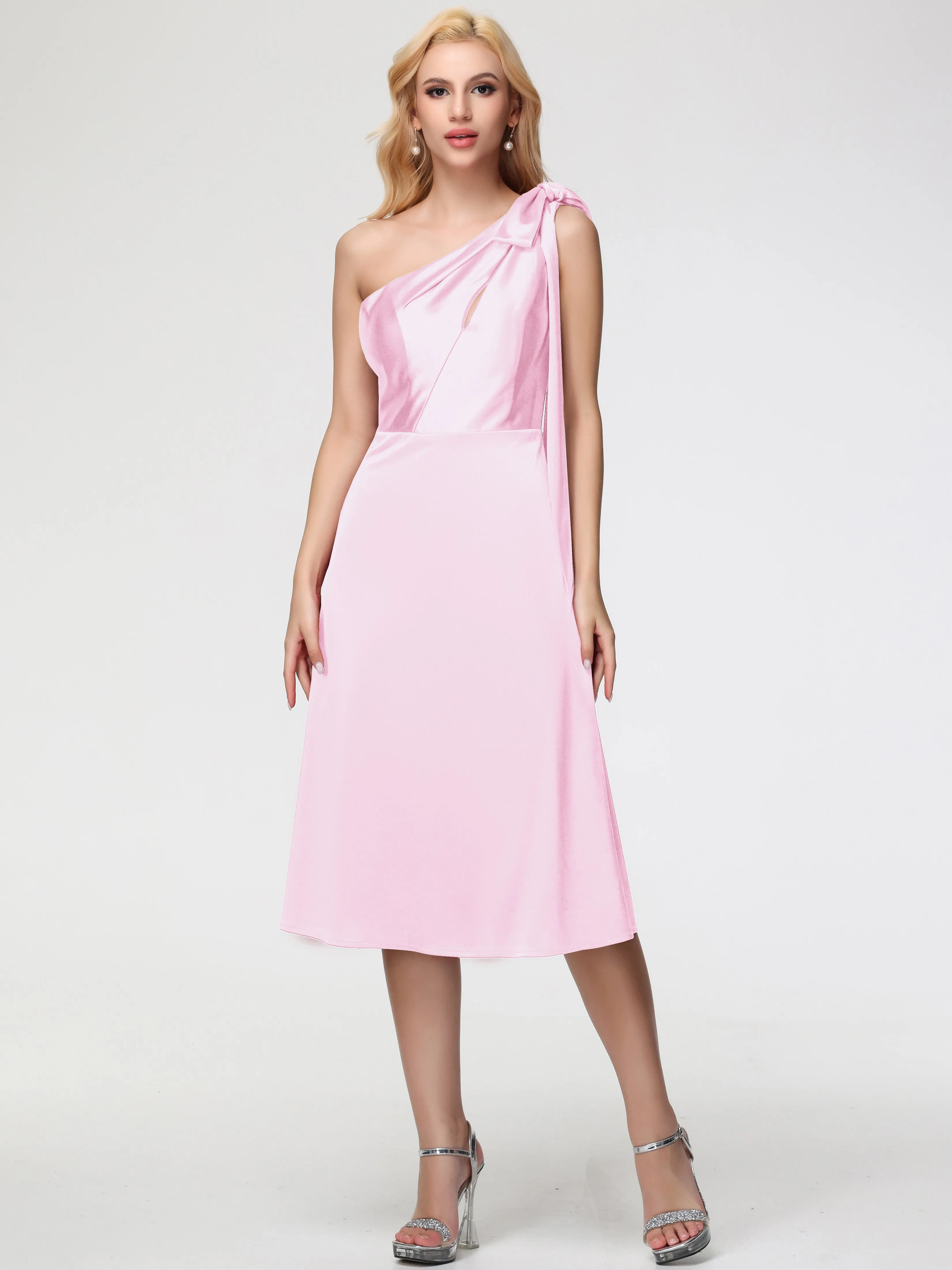 Blush Pink Prom Dresses Near Me One Shoulder Tea-Length Sleeveless A-Line Stretch Satin Prom Dresses