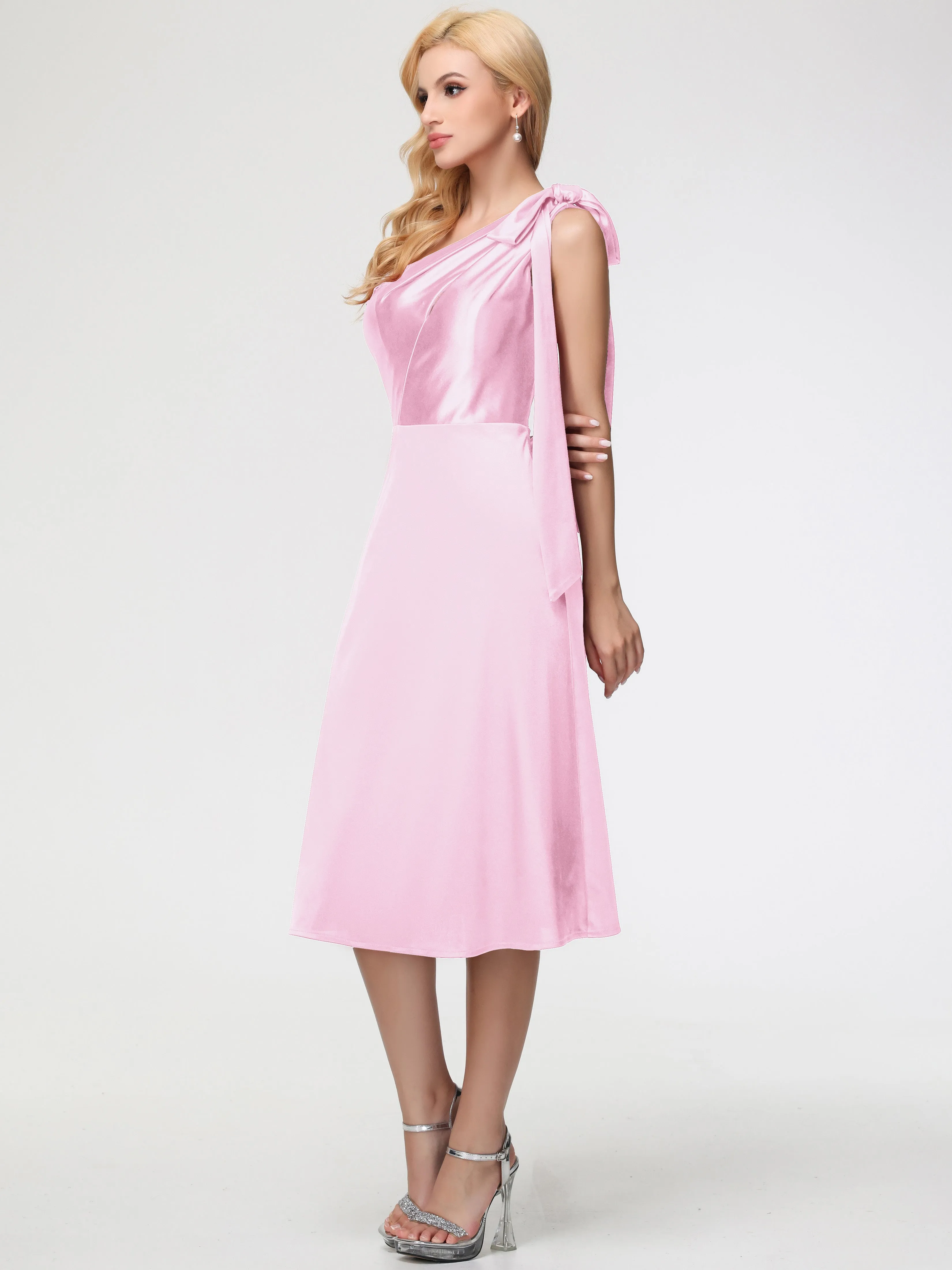 Blush Pink Prom Dresses Near Me One Shoulder Tea-Length Sleeveless A-Line Stretch Satin Prom Dresses