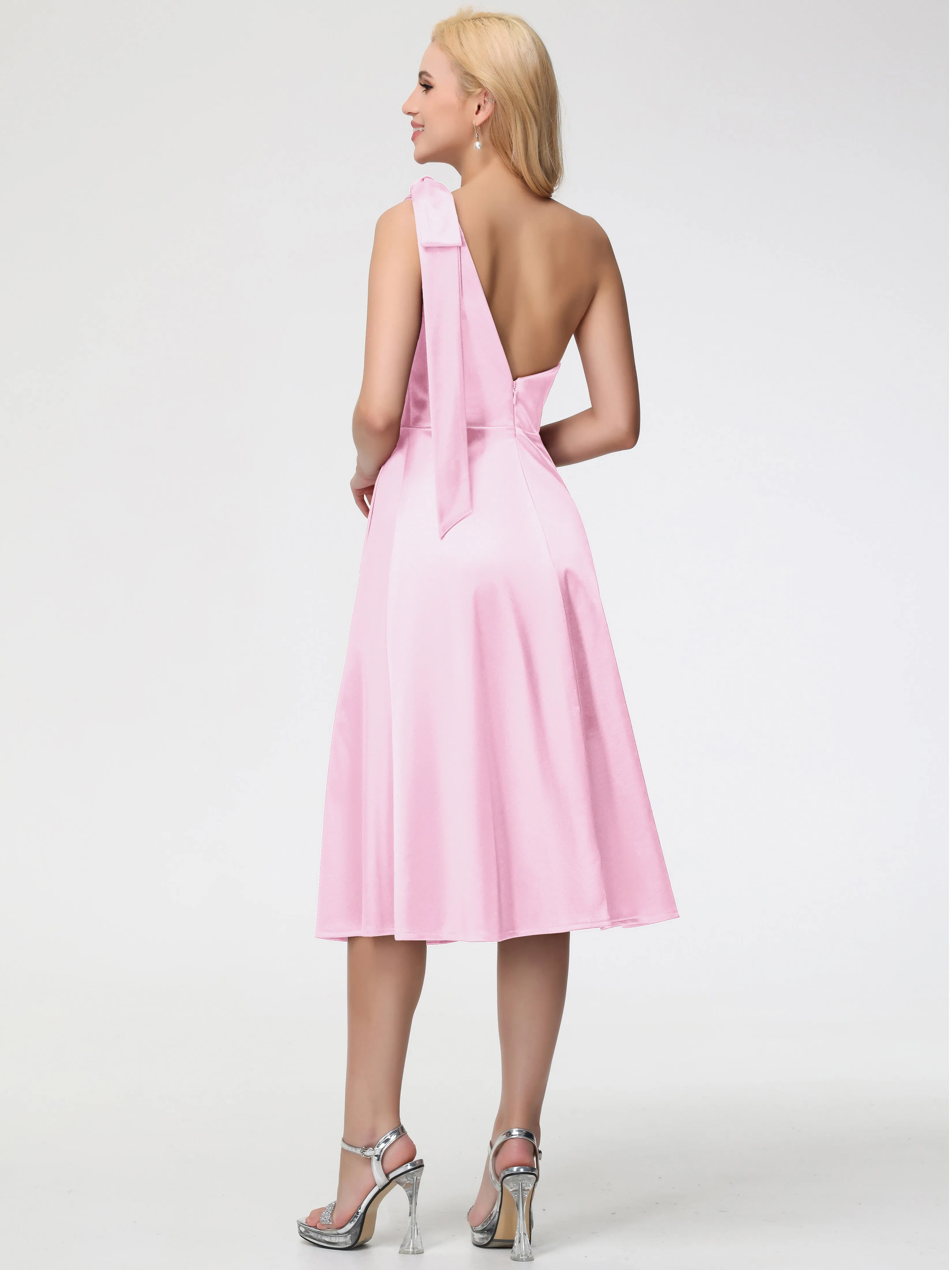 Blush Pink Prom Dresses Near Me One Shoulder Tea-Length Sleeveless A-Line Stretch Satin Prom Dresses