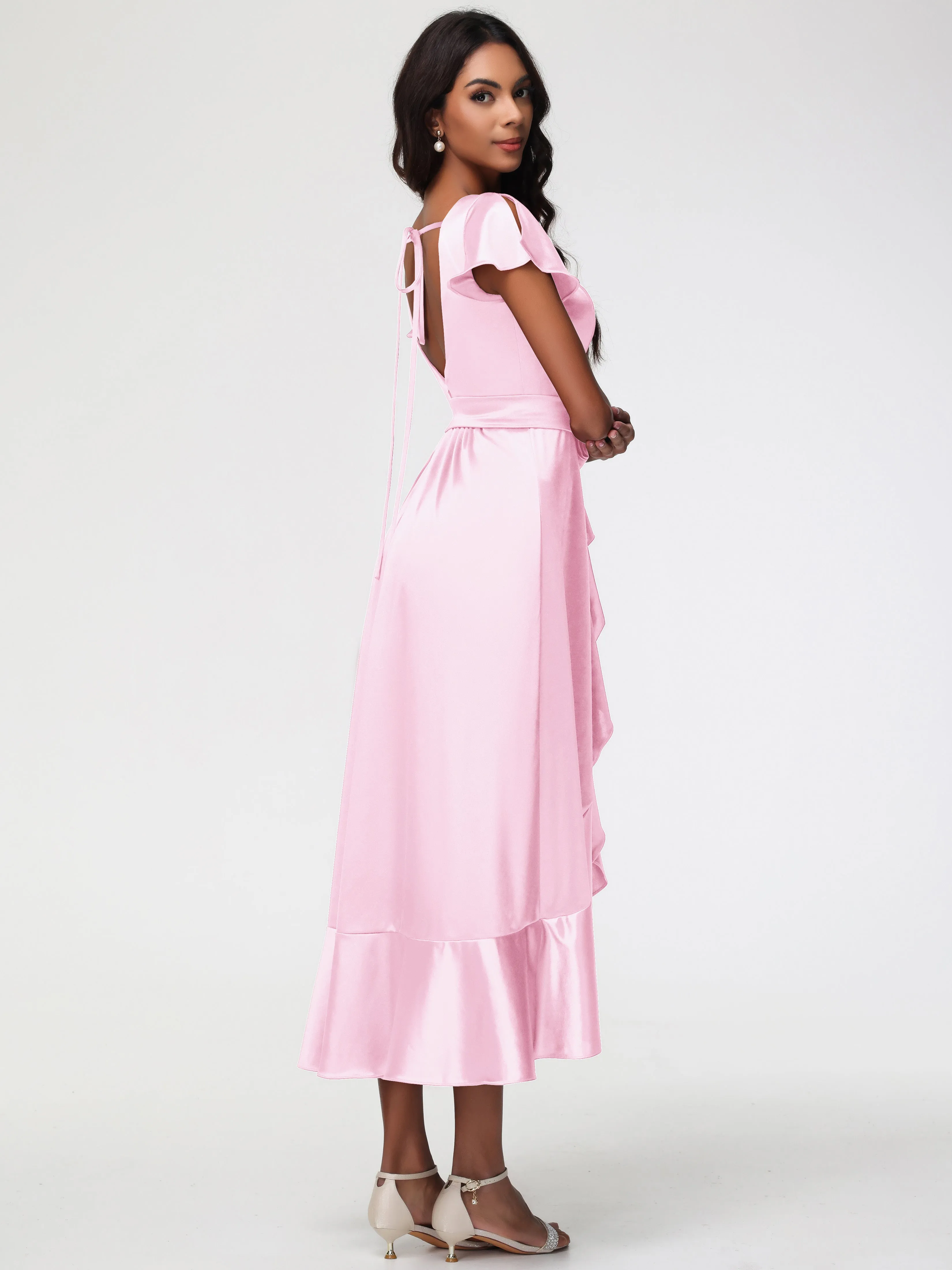 Blushing Pink Prom Dresses Tea-Length Short Sleeves Ruffles A-Line Stretch Satin Prom Dresses