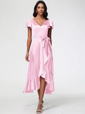 Blushing Pink Prom Dresses Tea-Length Short Sleeves Ruffles A-Line Stretch Satin Prom Dresses