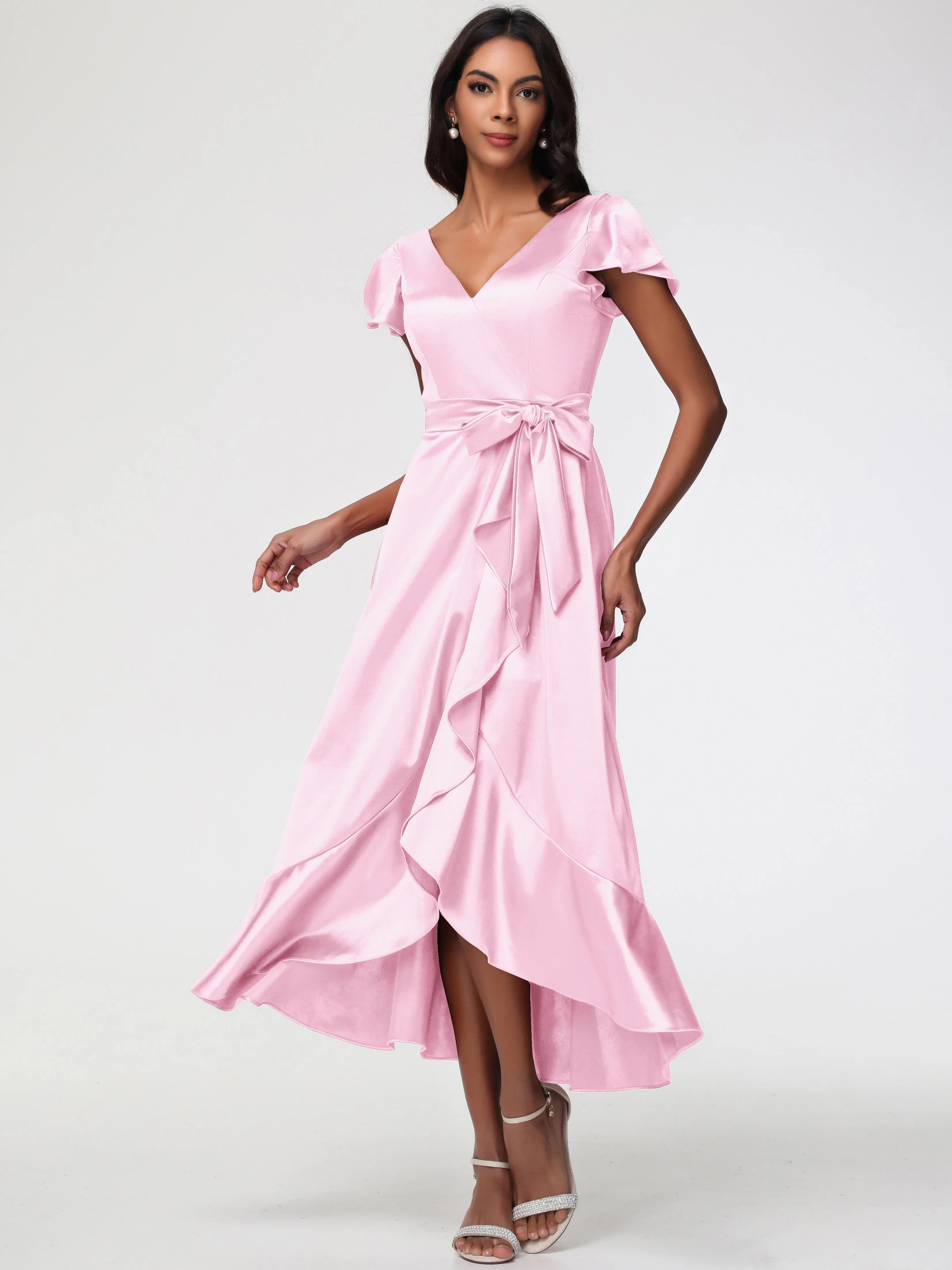 Blushing Pink Prom Dresses Tea-Length Short Sleeves Ruffles A-Line Stretch Satin Prom Dresses