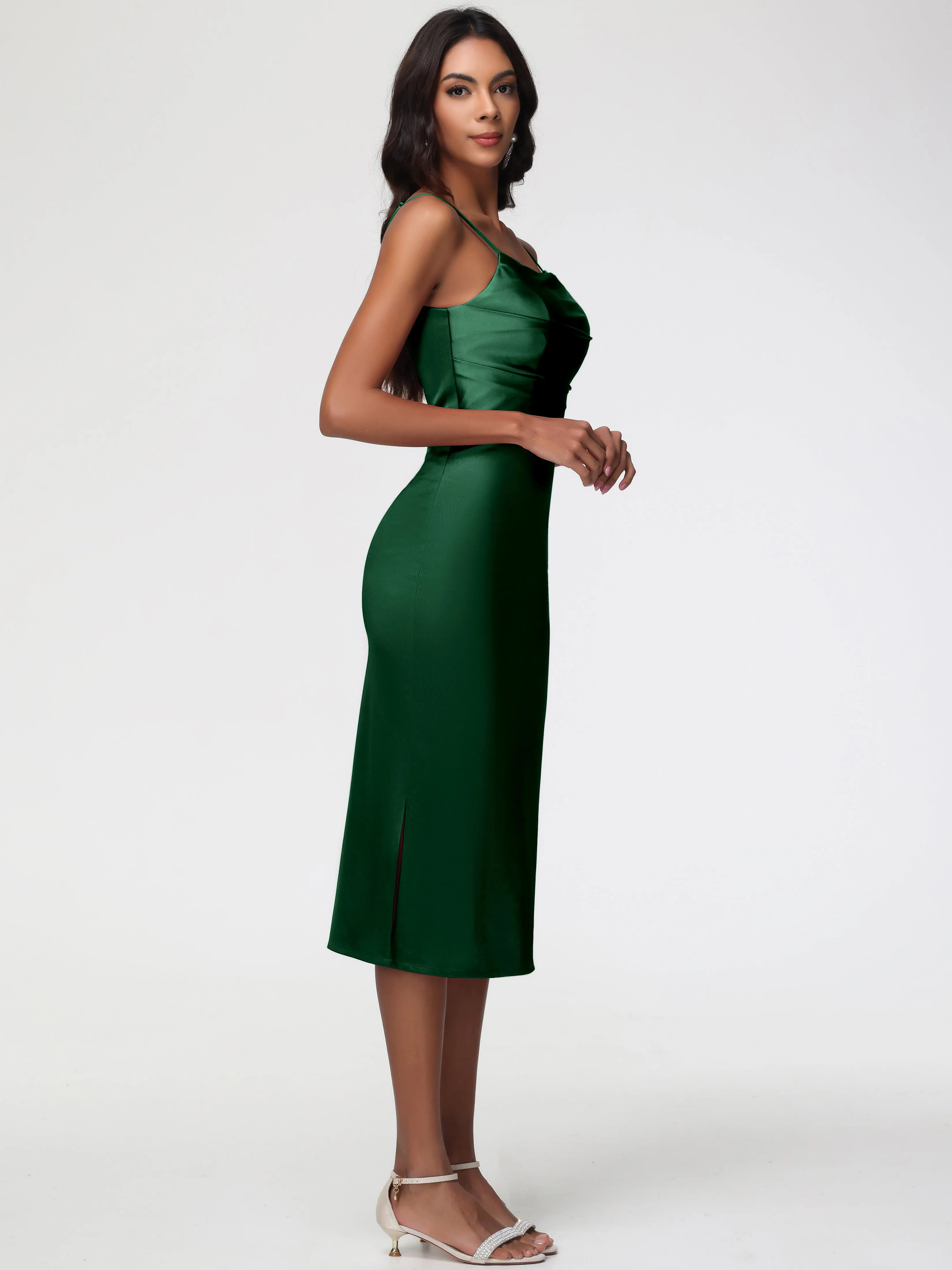 Bridesmaid Dresses Dark Green Tea-Length Spaghetti Straps Square Neckline Sleeveless Stretch Satin Bridesmaid Dresses