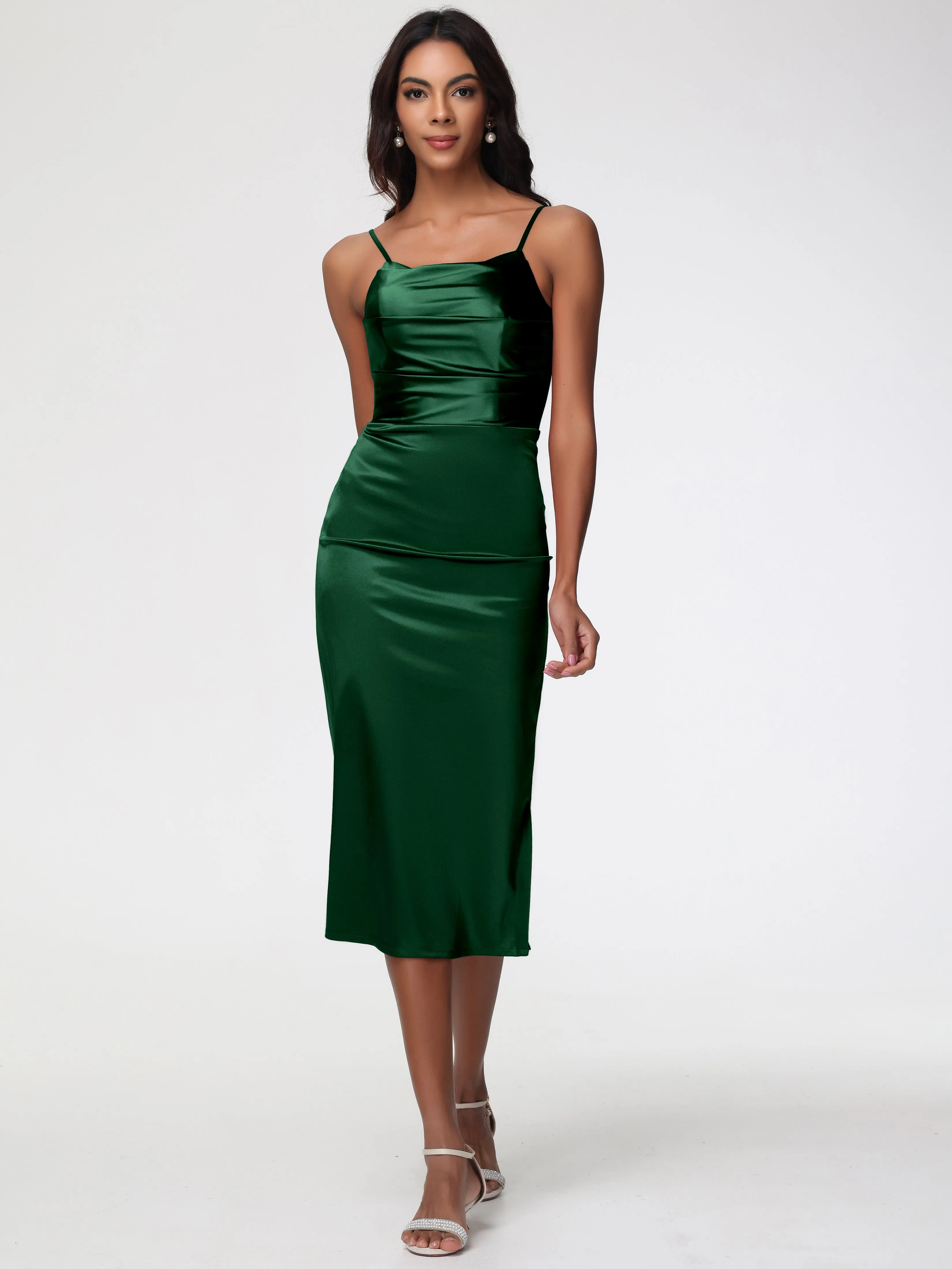 Bridesmaid Dresses Dark Green Tea-Length Spaghetti Straps Square Neckline Sleeveless Stretch Satin Bridesmaid Dresses