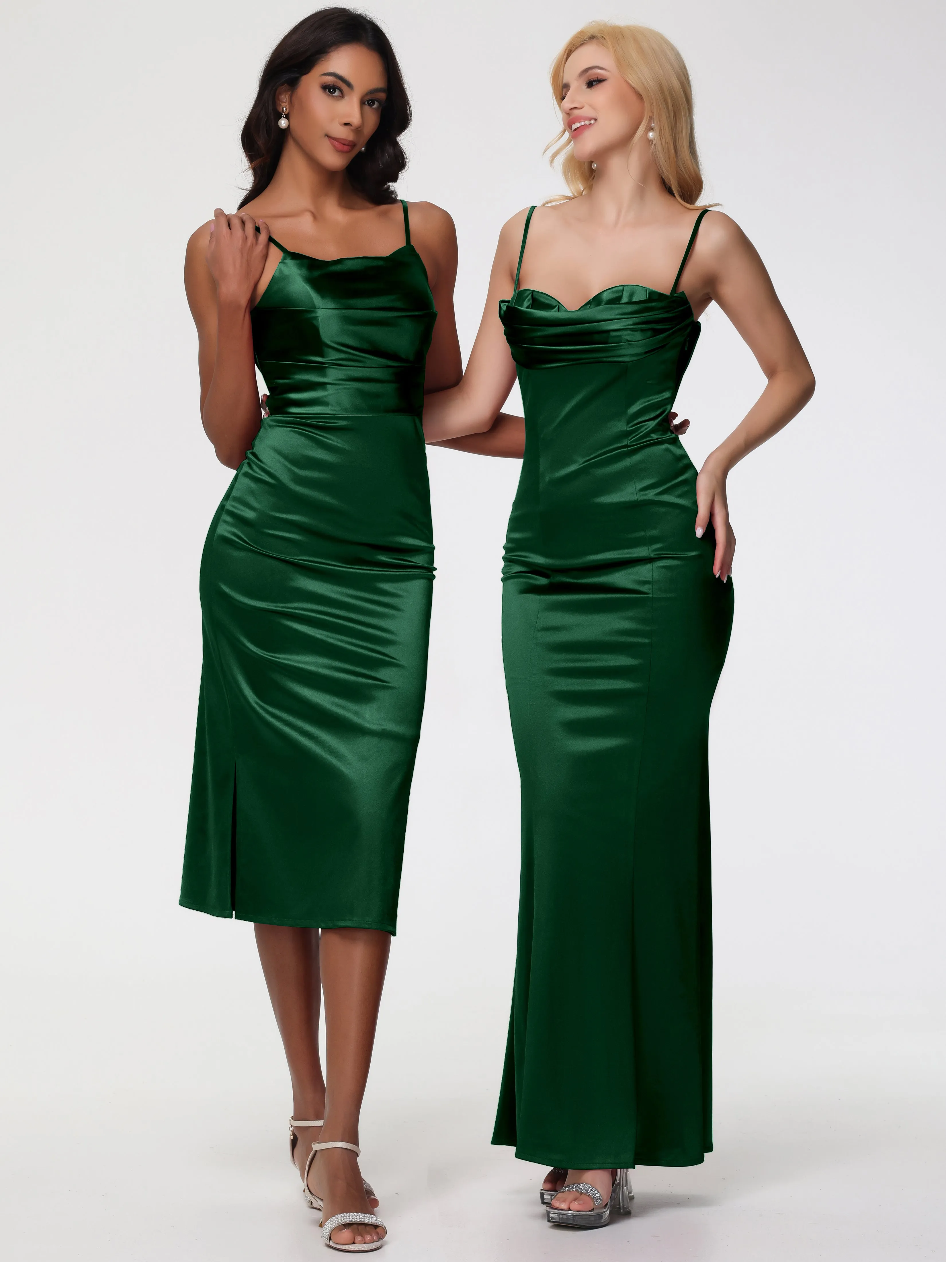 Bridesmaid Dresses Dark Green Tea-Length Spaghetti Straps Square Neckline Sleeveless Stretch Satin Bridesmaid Dresses