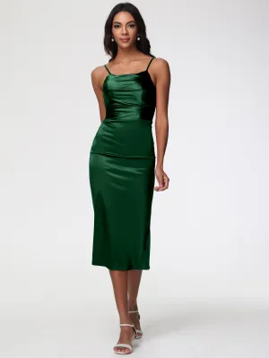 Bridesmaid Dresses Dark Green Tea-Length Spaghetti Straps Square Neckline Sleeveless Stretch Satin Bridesmaid Dresses