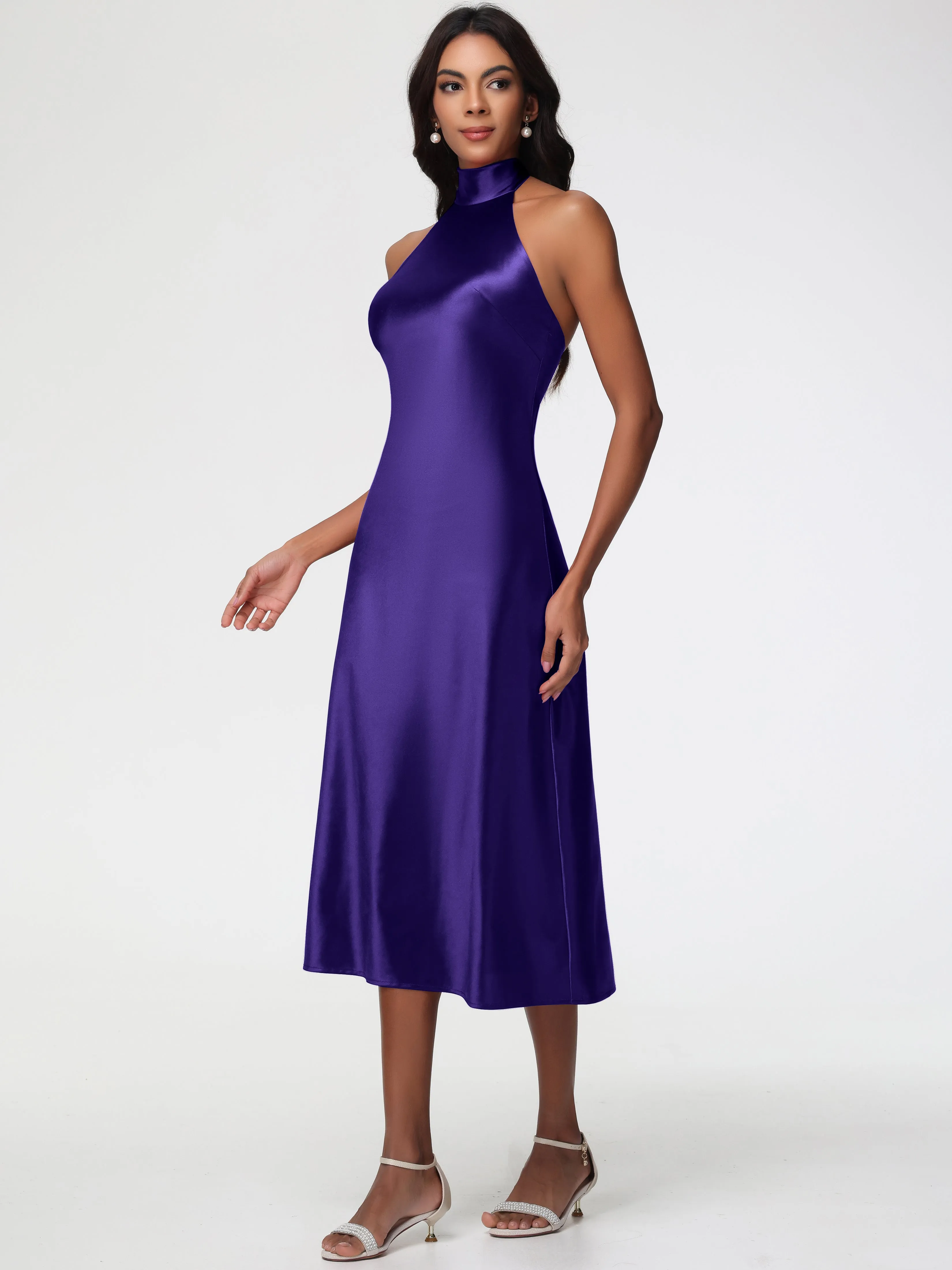 Bridesmaid Dresses Regency Purple Tea-Length High Neck Sleeveless Stretch Satin Bridesmaid Dresses