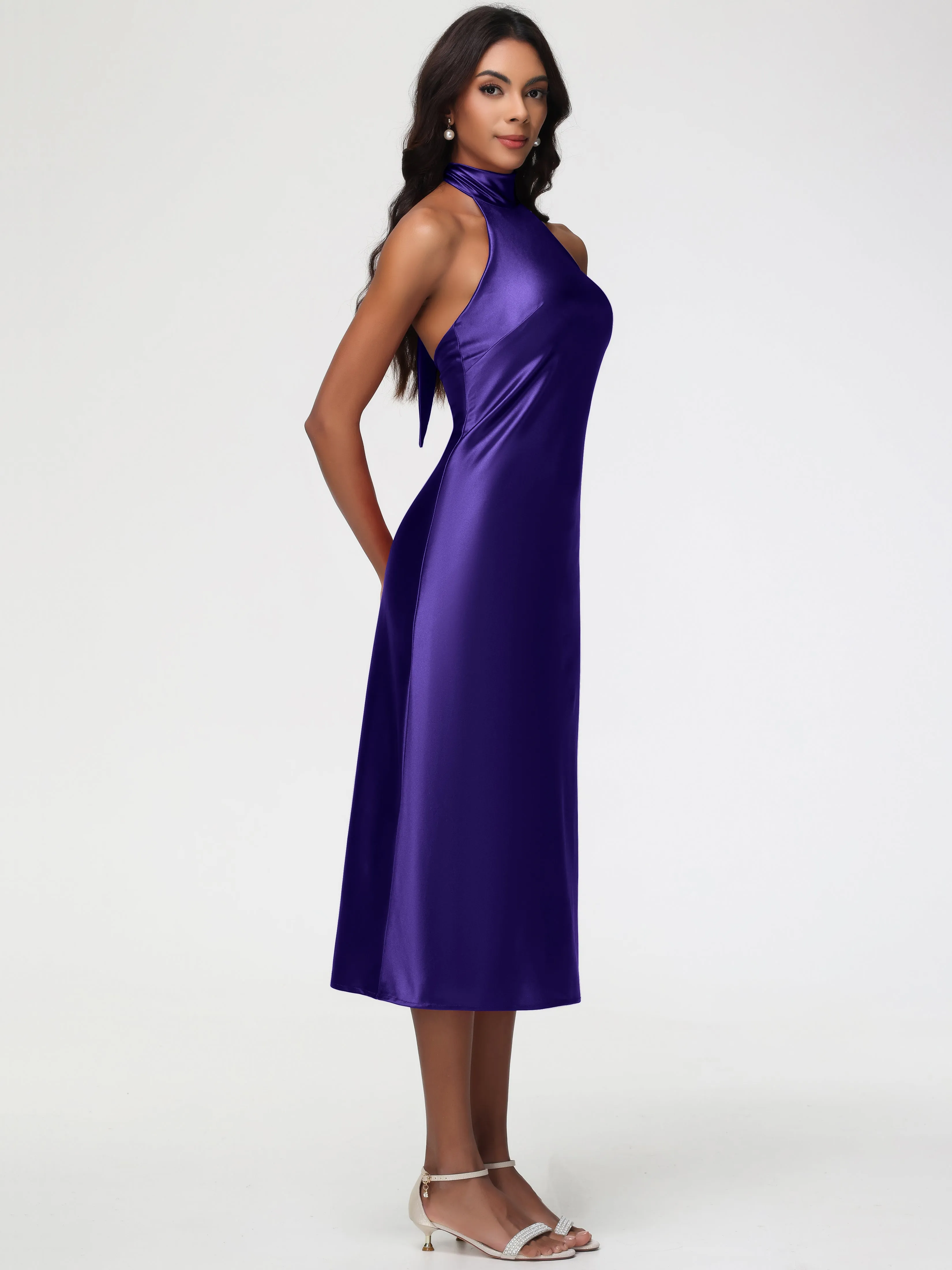 Bridesmaid Dresses Regency Purple Tea-Length High Neck Sleeveless Stretch Satin Bridesmaid Dresses