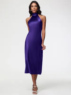 Bridesmaid Dresses Regency Purple Tea-Length High Neck Sleeveless Stretch Satin Bridesmaid Dresses