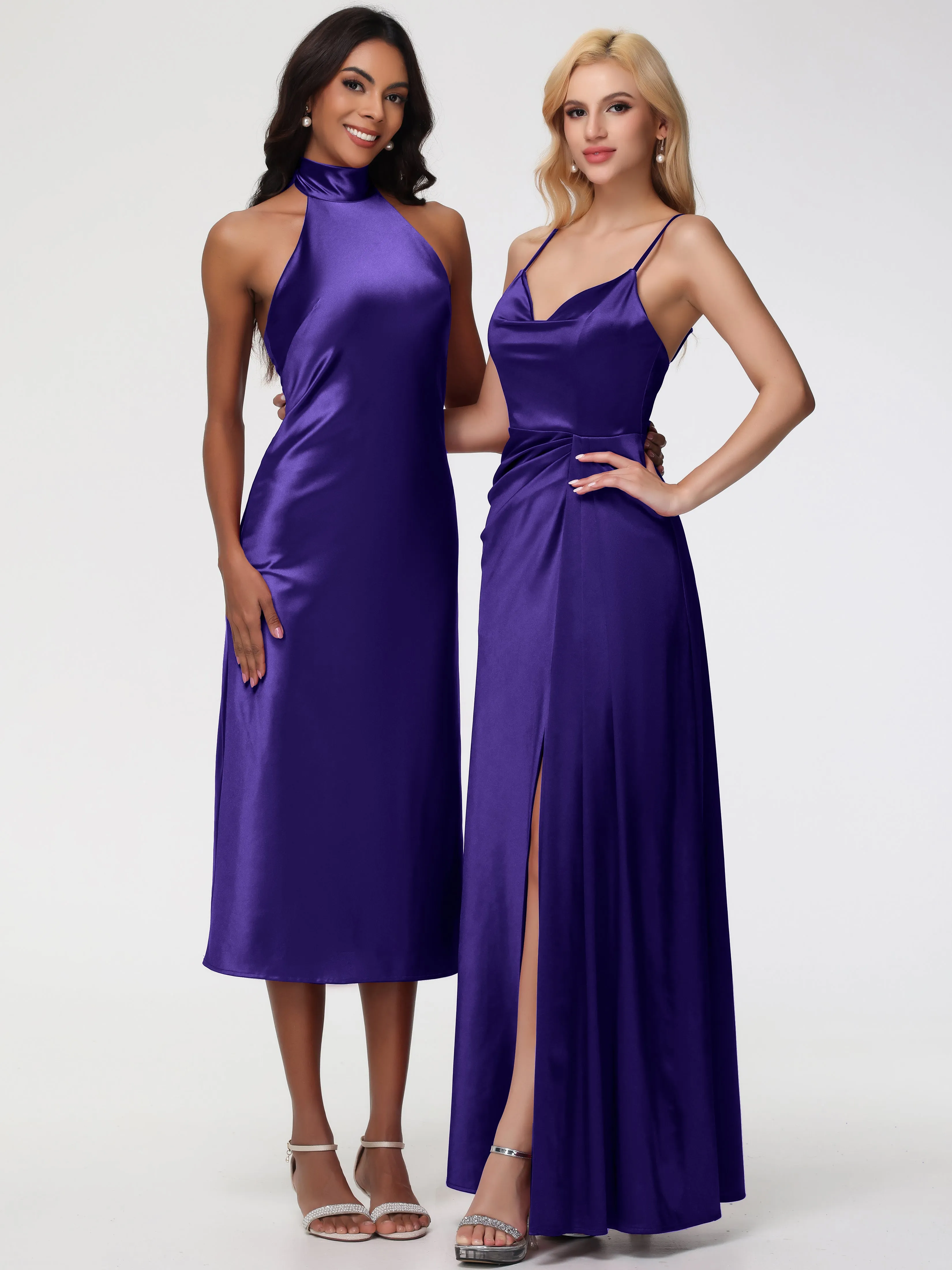 Bridesmaid Dresses Regency Purple Tea-Length High Neck Sleeveless Stretch Satin Bridesmaid Dresses