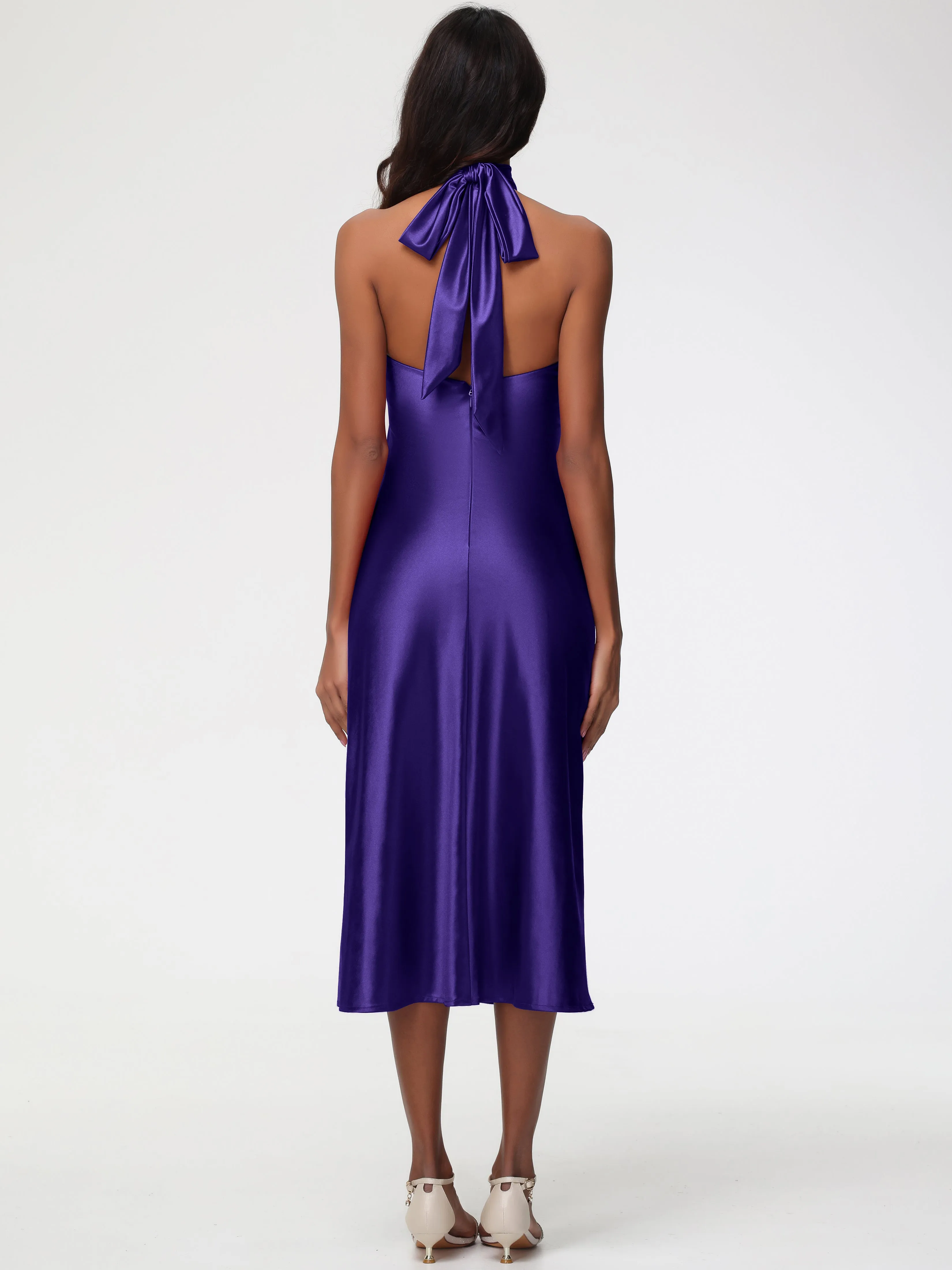 Bridesmaid Dresses Regency Purple Tea-Length High Neck Sleeveless Stretch Satin Bridesmaid Dresses