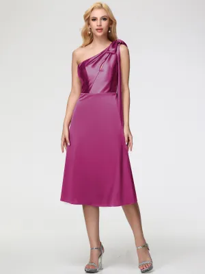 Bridesmaid Fuchsia Dresses One Shoulder Tea-Length Sleeveless A-Line Stretch Satin Bridesmaid Dresses