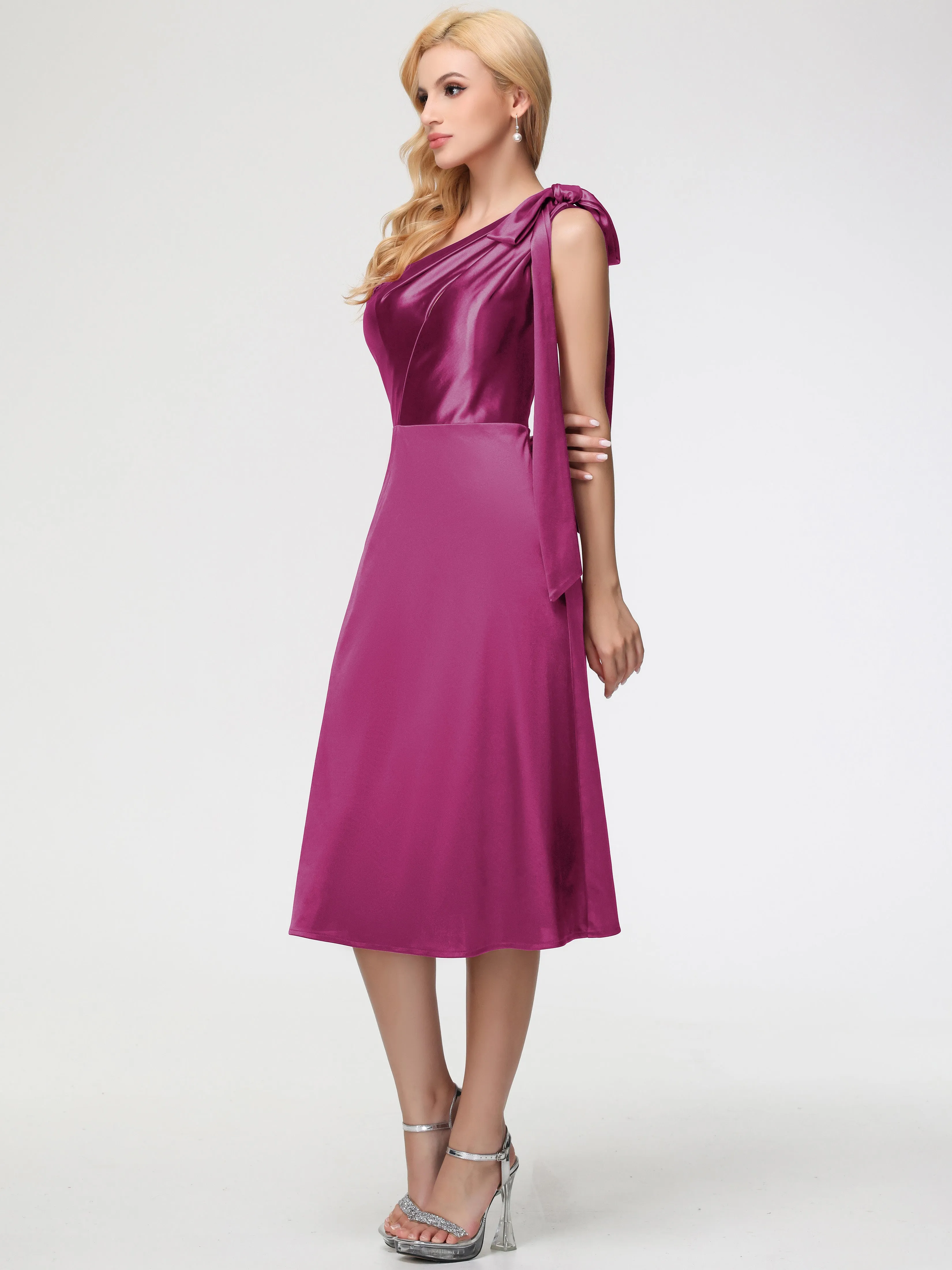 Bridesmaid Fuchsia Dresses One Shoulder Tea-Length Sleeveless A-Line Stretch Satin Bridesmaid Dresses