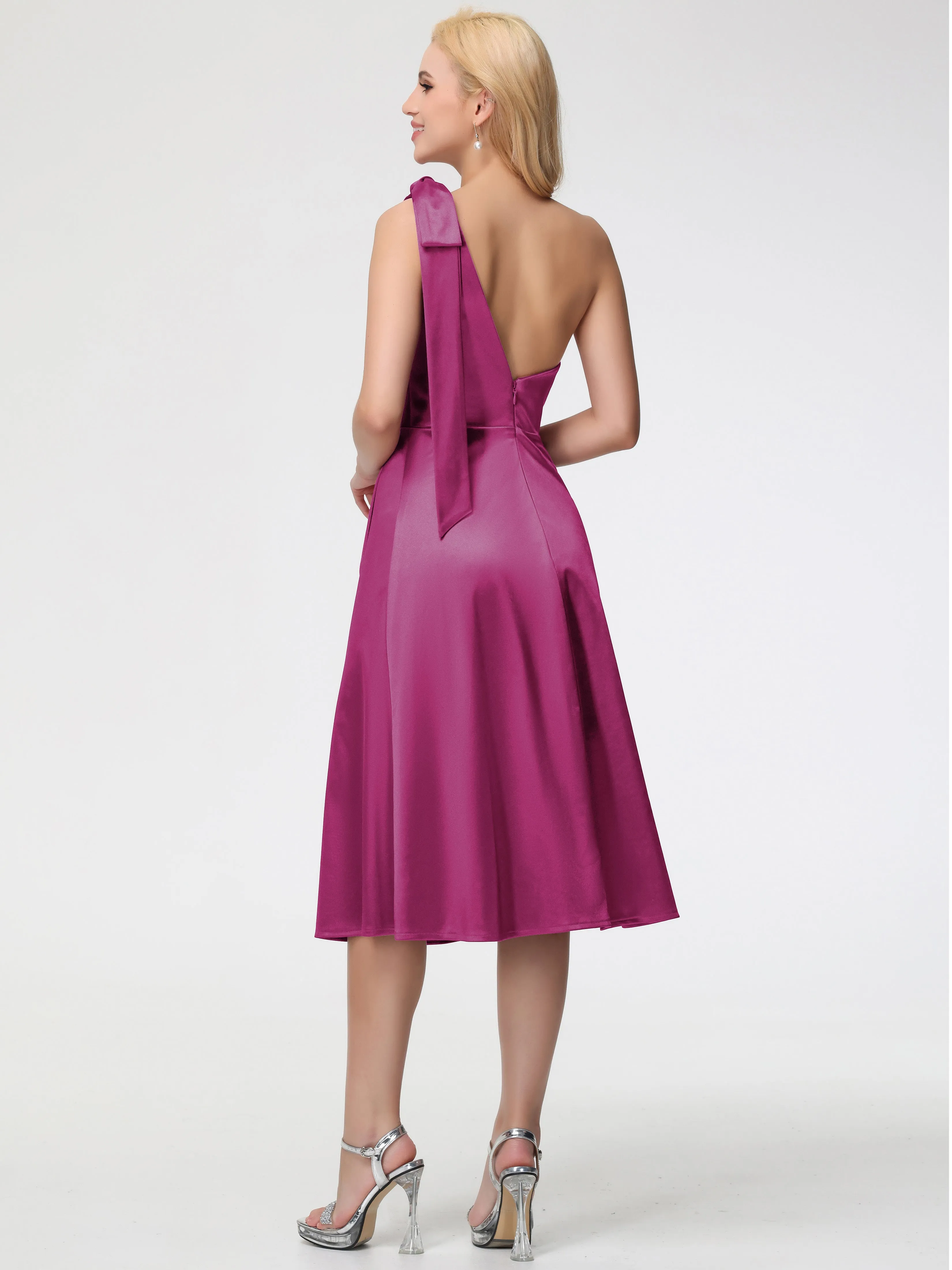 Bridesmaid Fuchsia Dresses One Shoulder Tea-Length Sleeveless A-Line Stretch Satin Bridesmaid Dresses