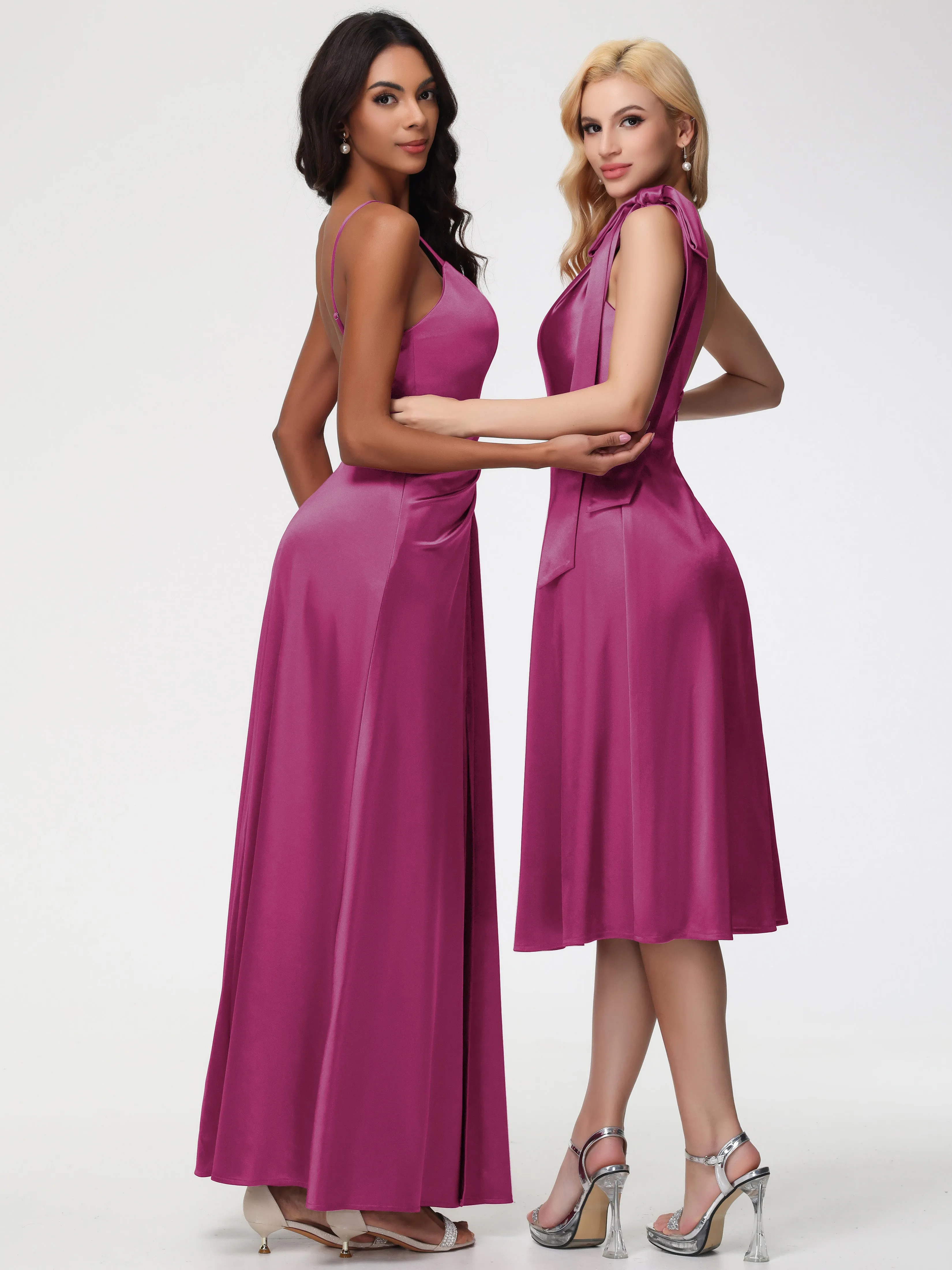 Bridesmaid Fuchsia Dresses One Shoulder Tea-Length Sleeveless A-Line Stretch Satin Bridesmaid Dresses