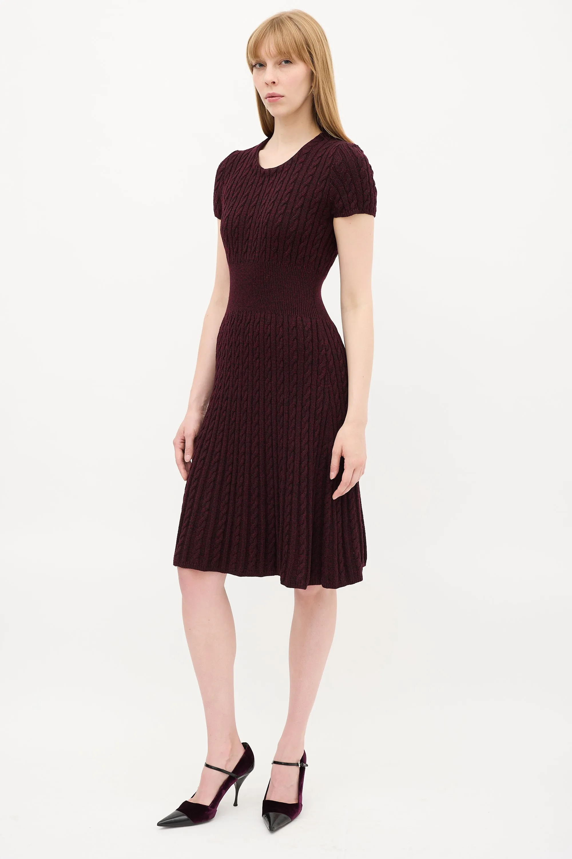 Burgundy Cable Knit A-Line Midi Dress