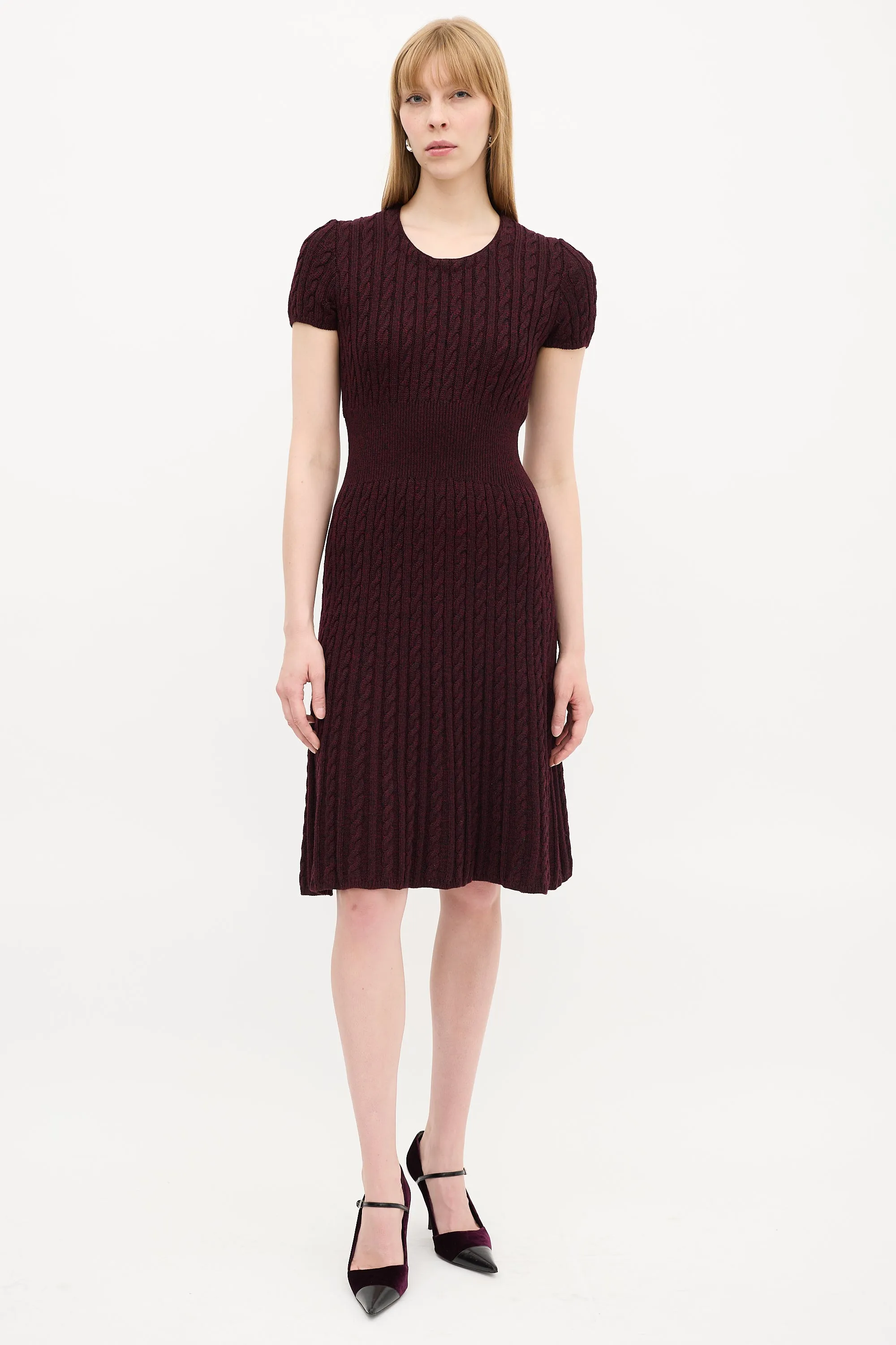Burgundy Cable Knit A-Line Midi Dress