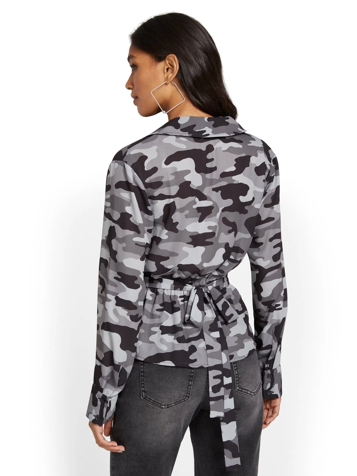Camo-Print Tie-Front V-Neck Top