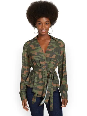 Camo-Print Tie-Front V-Neck Top