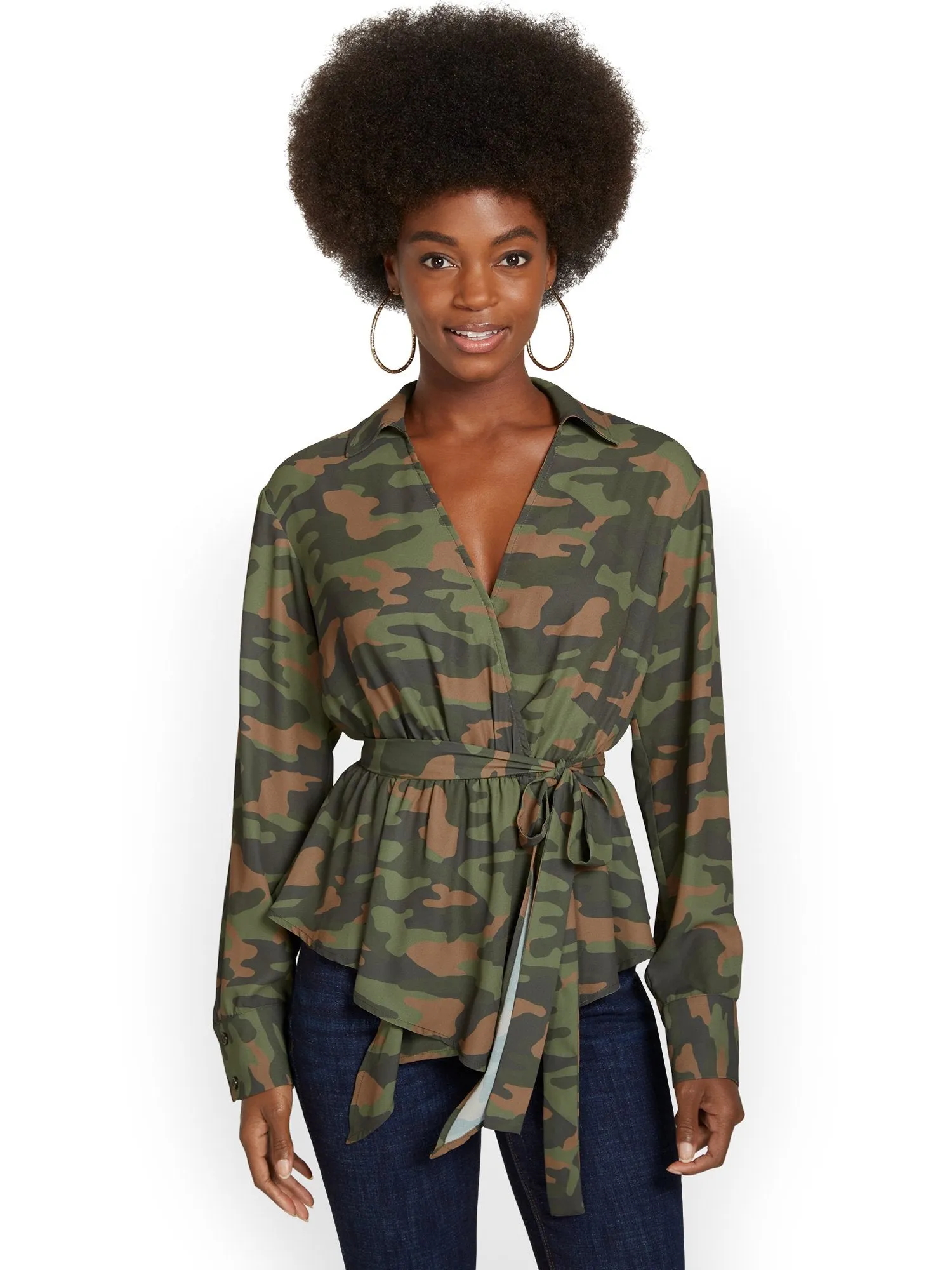 Camo-Print Tie-Front V-Neck Top