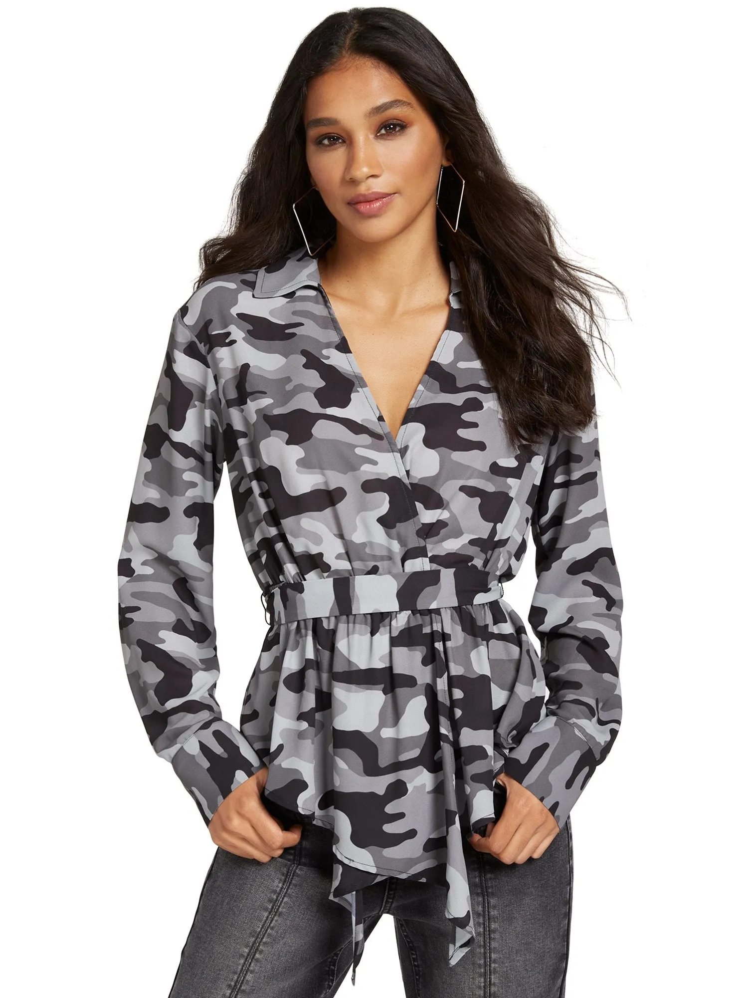 Camo-Print Tie-Front V-Neck Top