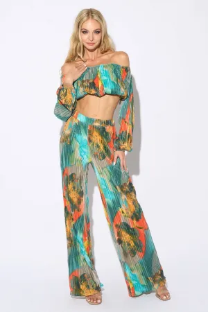 CHIC ABSTRACT PRINT PLEATED TUBE TOP & PANTS SET