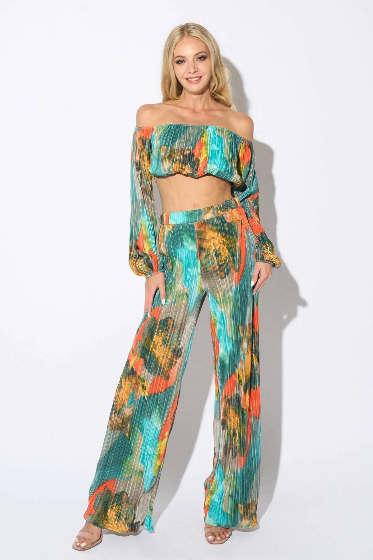 CHIC ABSTRACT PRINT PLEATED TUBE TOP & PANTS SET