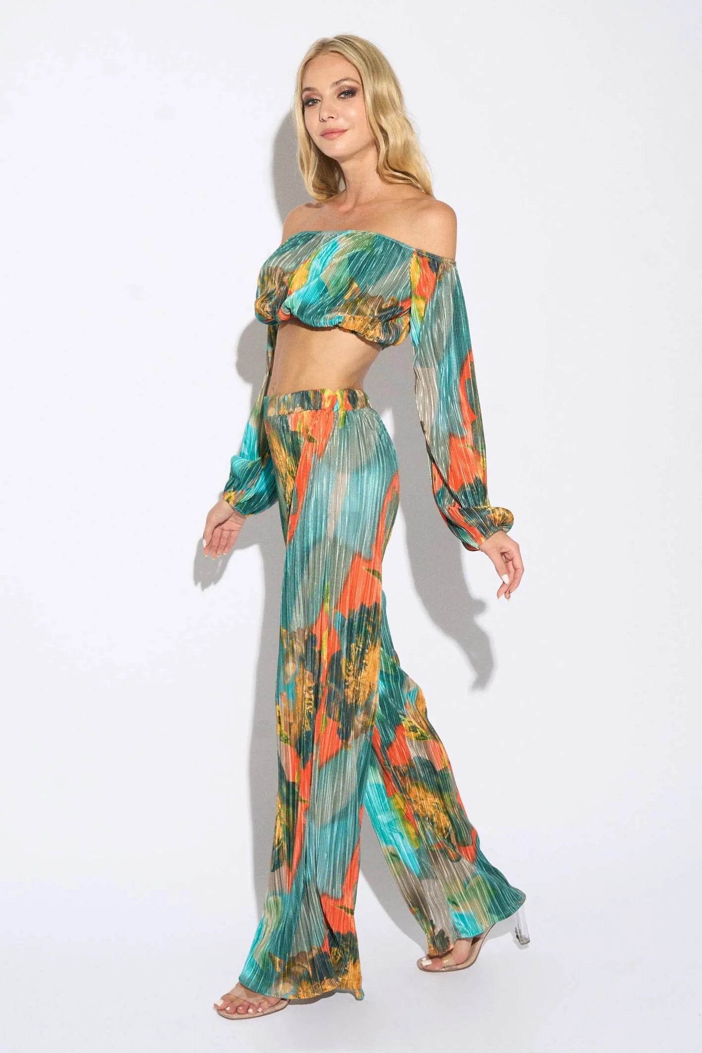 CHIC ABSTRACT PRINT PLEATED TUBE TOP & PANTS SET