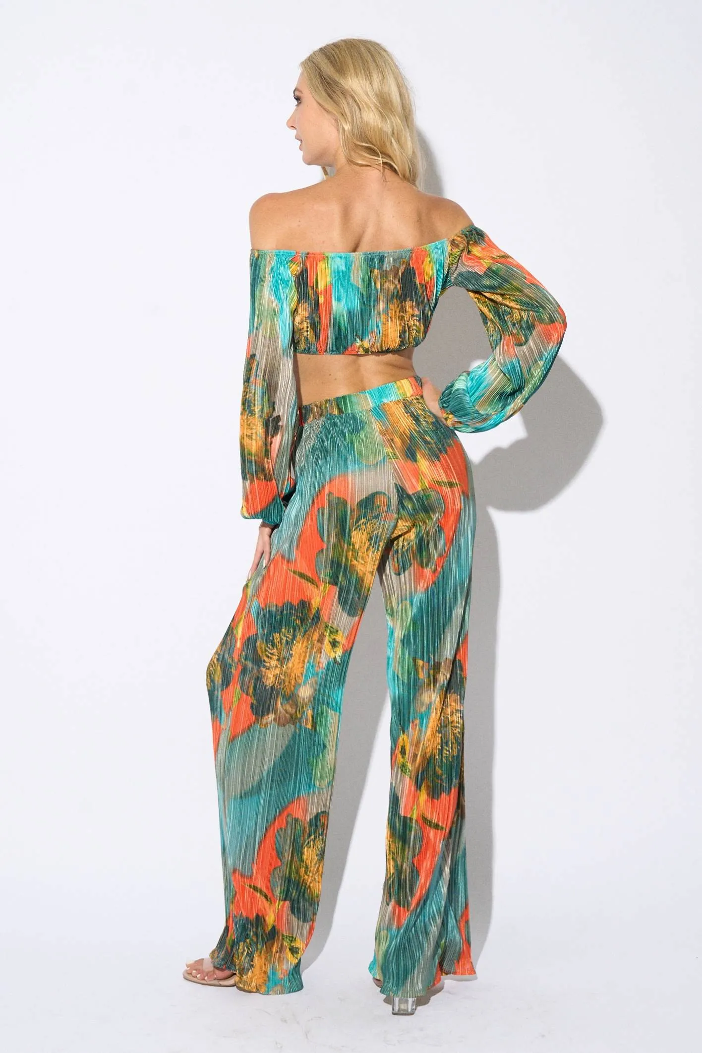 CHIC ABSTRACT PRINT PLEATED TUBE TOP & PANTS SET