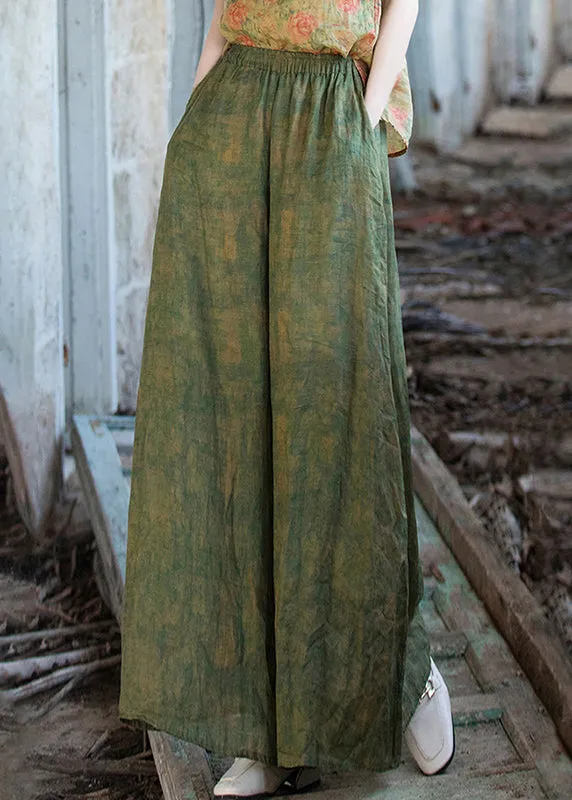 Chic Green Print Pockets Linen Wide Leg Pants Summer QE029