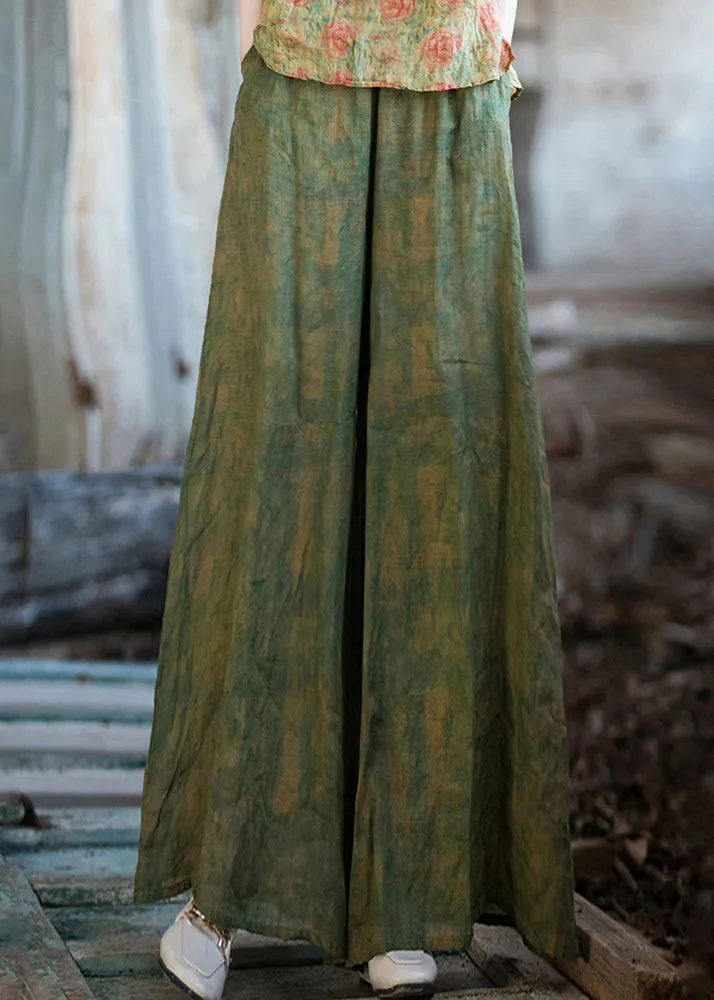 Chic Green Print Pockets Linen Wide Leg Pants Summer QE029