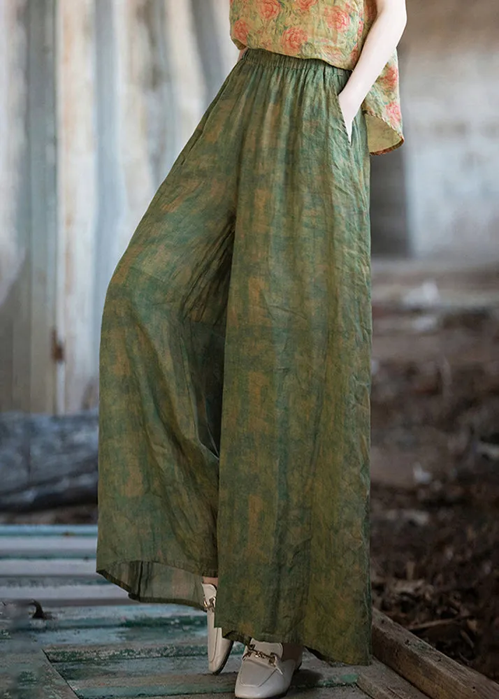 Chic Green Print Pockets Linen Wide Leg Pants Summer QE029