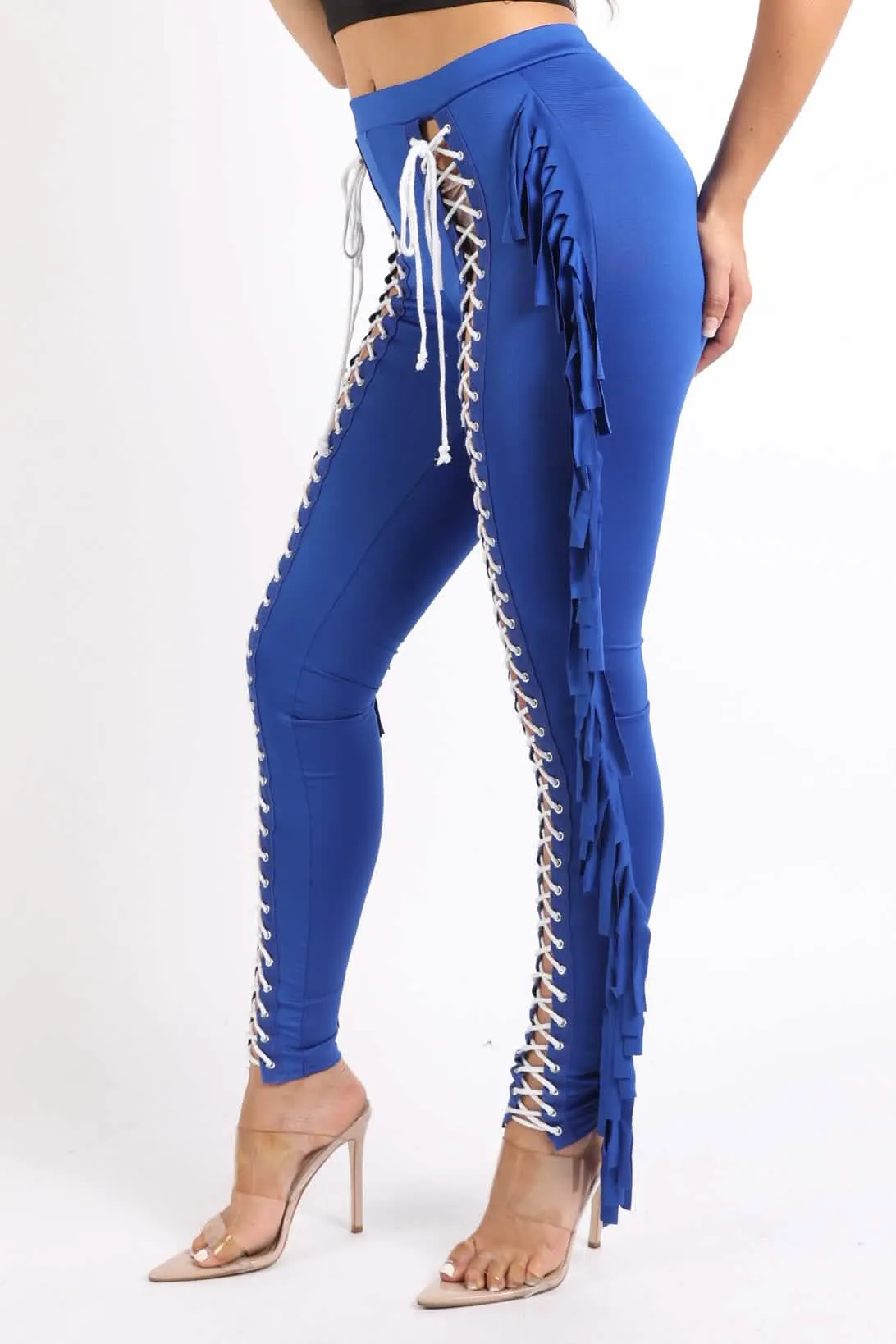 Chic Royal Blue Lace-Up Fringe Tassel Leggings