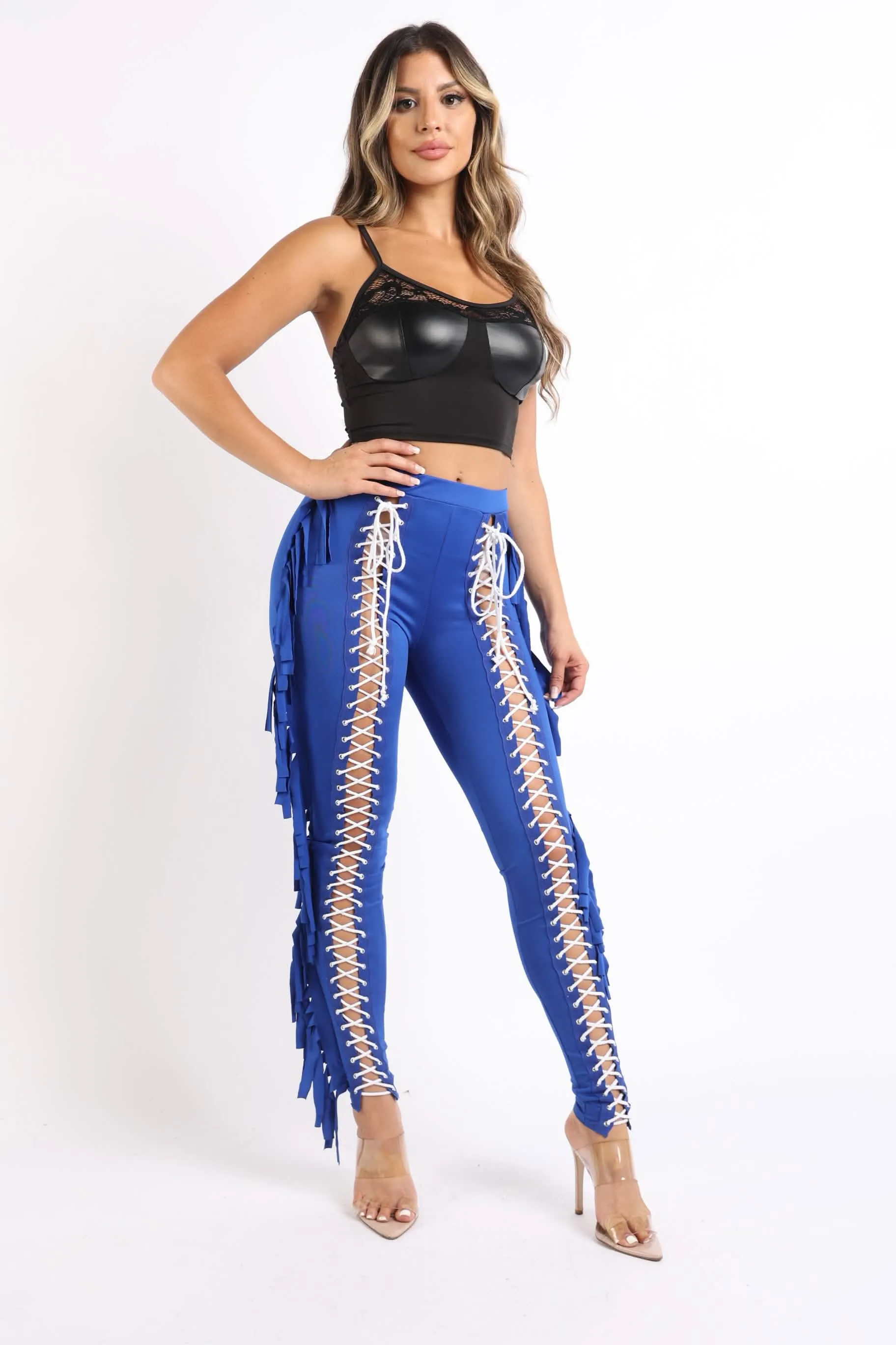 Chic Royal Blue Lace-Up Fringe Tassel Leggings