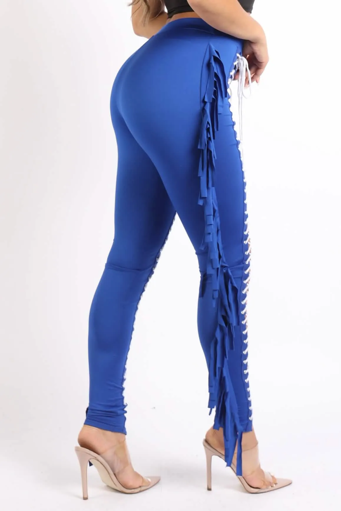 Chic Royal Blue Lace-Up Fringe Tassel Leggings