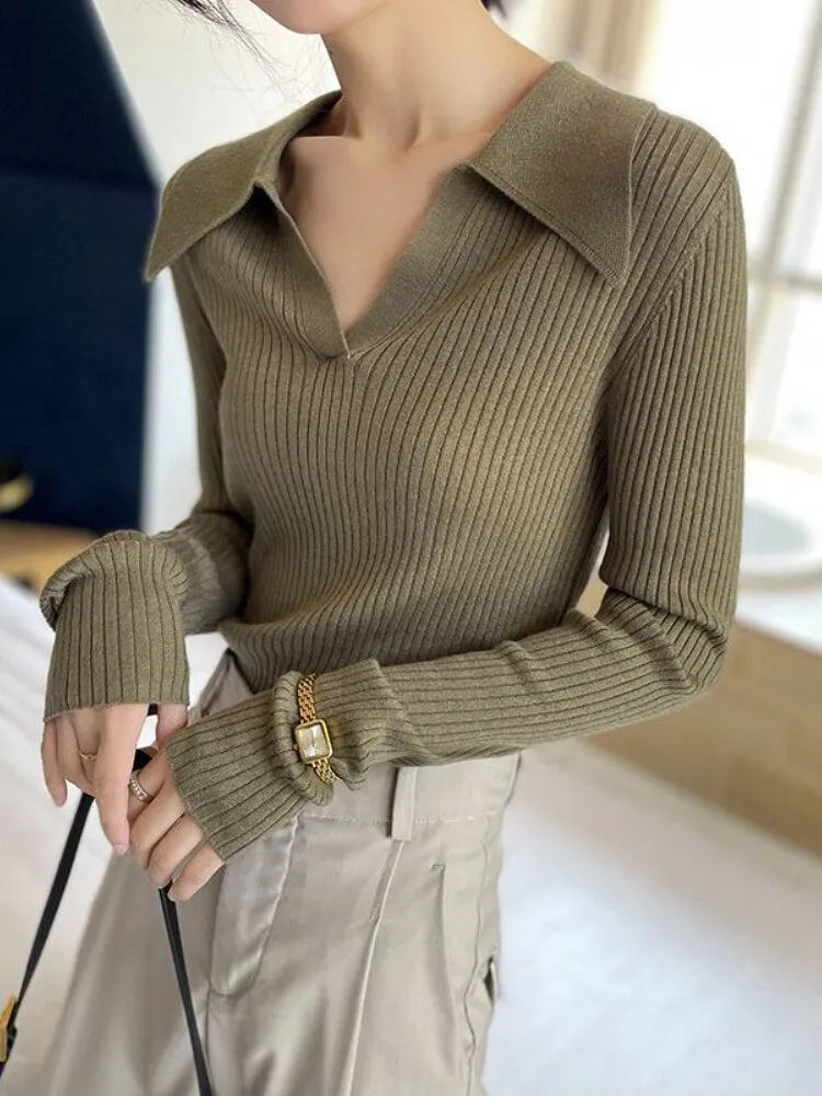Chicmy Beautiful Women's Blouses Polo Collar Knit Long Sleeve Shirts Female Spring Solid Colour Slim Elegant Womens Tops And Blouses