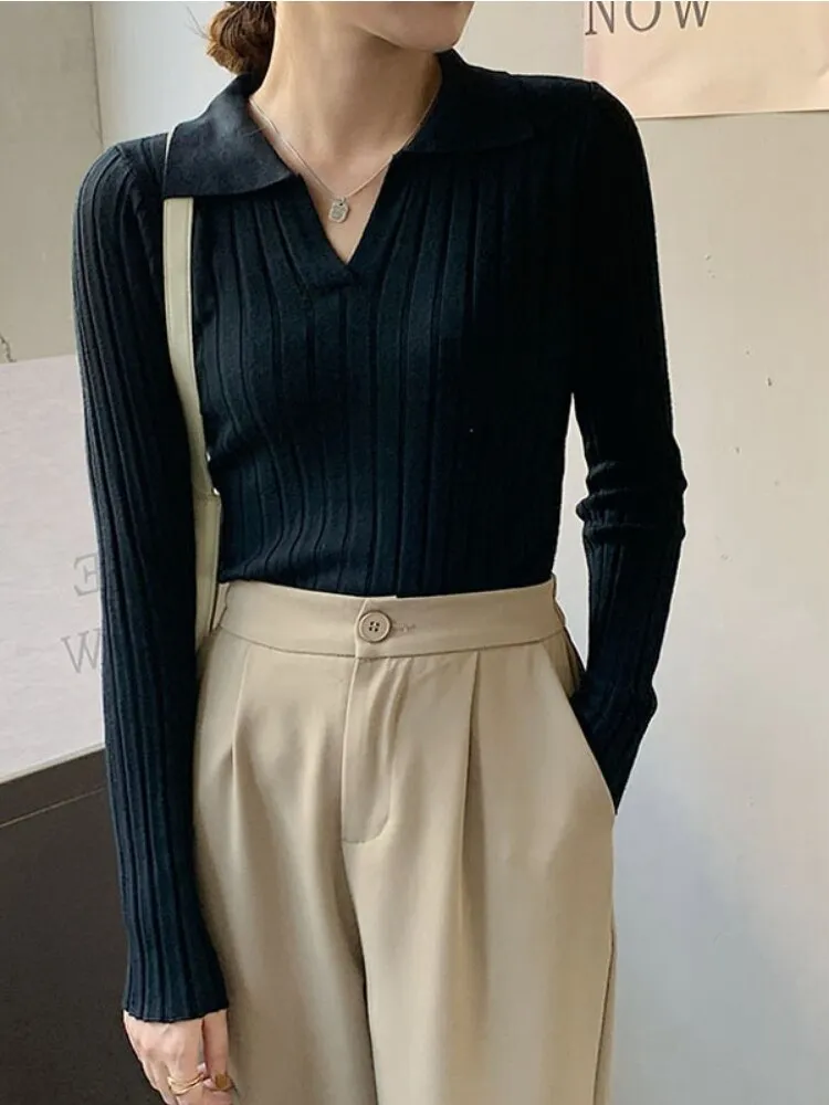 Chicmy Beautiful Women's Blouses Polo Collar Knit Long Sleeve Shirts Female Spring Solid Colour Slim Elegant Womens Tops And Blouses