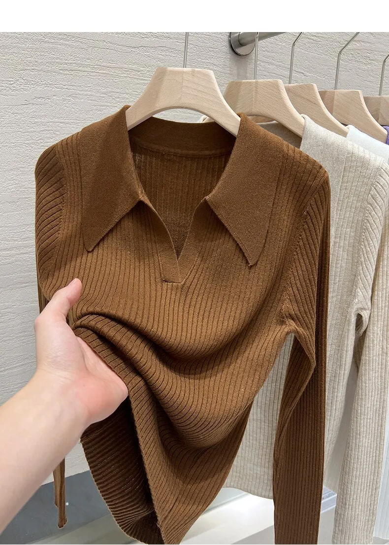 Chicmy Beautiful Women's Blouses Polo Collar Knit Long Sleeve Shirts Female Spring Solid Colour Slim Elegant Womens Tops And Blouses