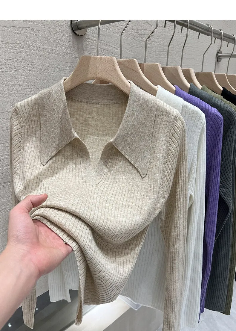 Chicmy Beautiful Women's Blouses Polo Collar Knit Long Sleeve Shirts Female Spring Solid Colour Slim Elegant Womens Tops And Blouses